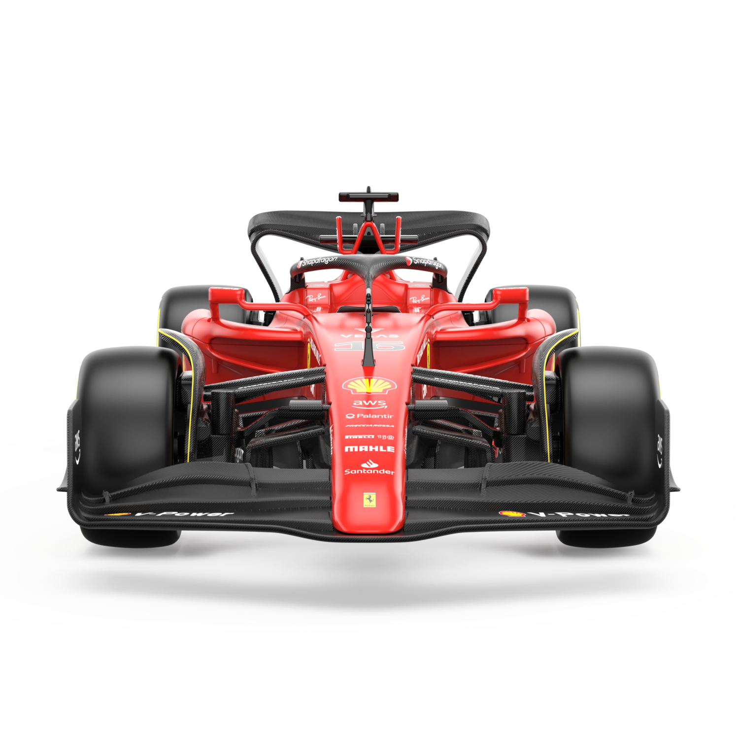 Roter Ferrari Formel-1-Wagen, Frontansicht, auf weißem Hintergrund. Schwarze Reifen und Akzente. Sponsorenlogos sichtbar.
