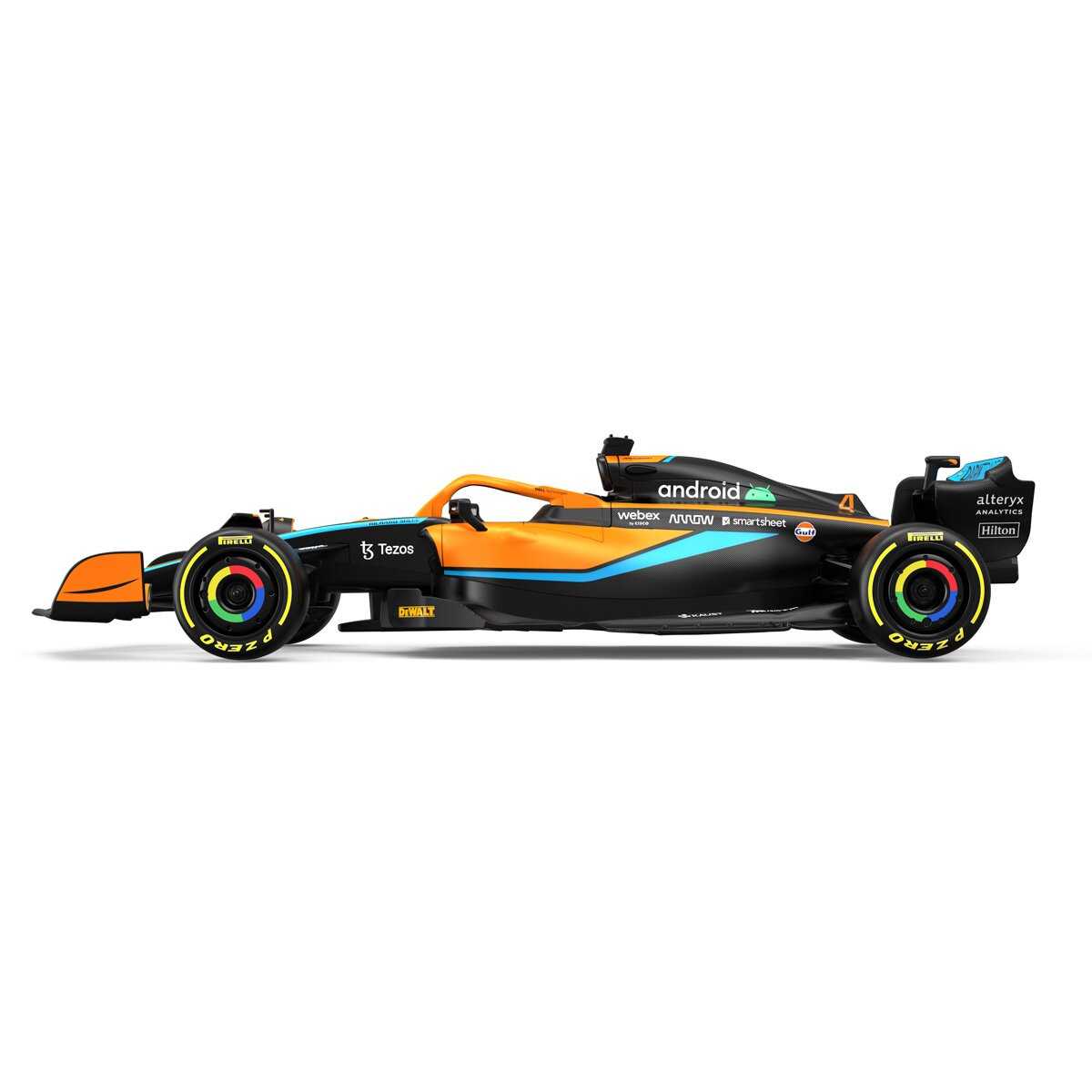 Orangener und schwarzer McLaren Formel-1-Wagen. Seitenansicht, auf weißem Hintergrund. Sponsorenlogos sichtbar.