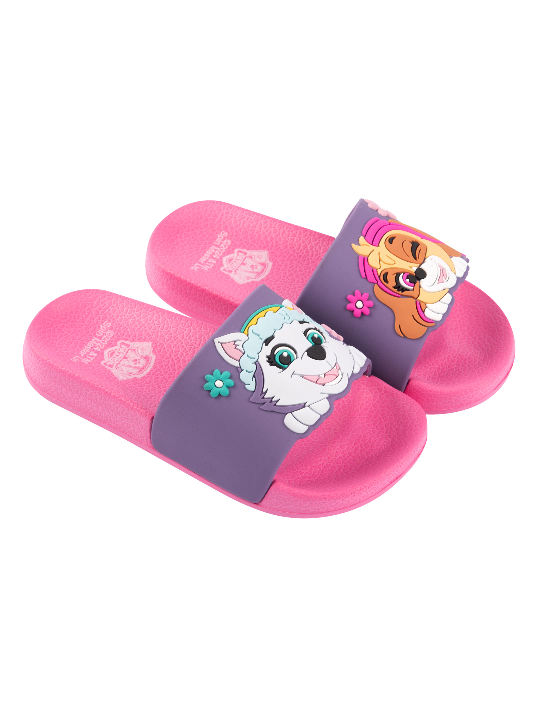 Pinke Schlappen mit Paw Patrol-Figuren, Skye und Everest. Lila Riemen. Weißer Hintergrund.