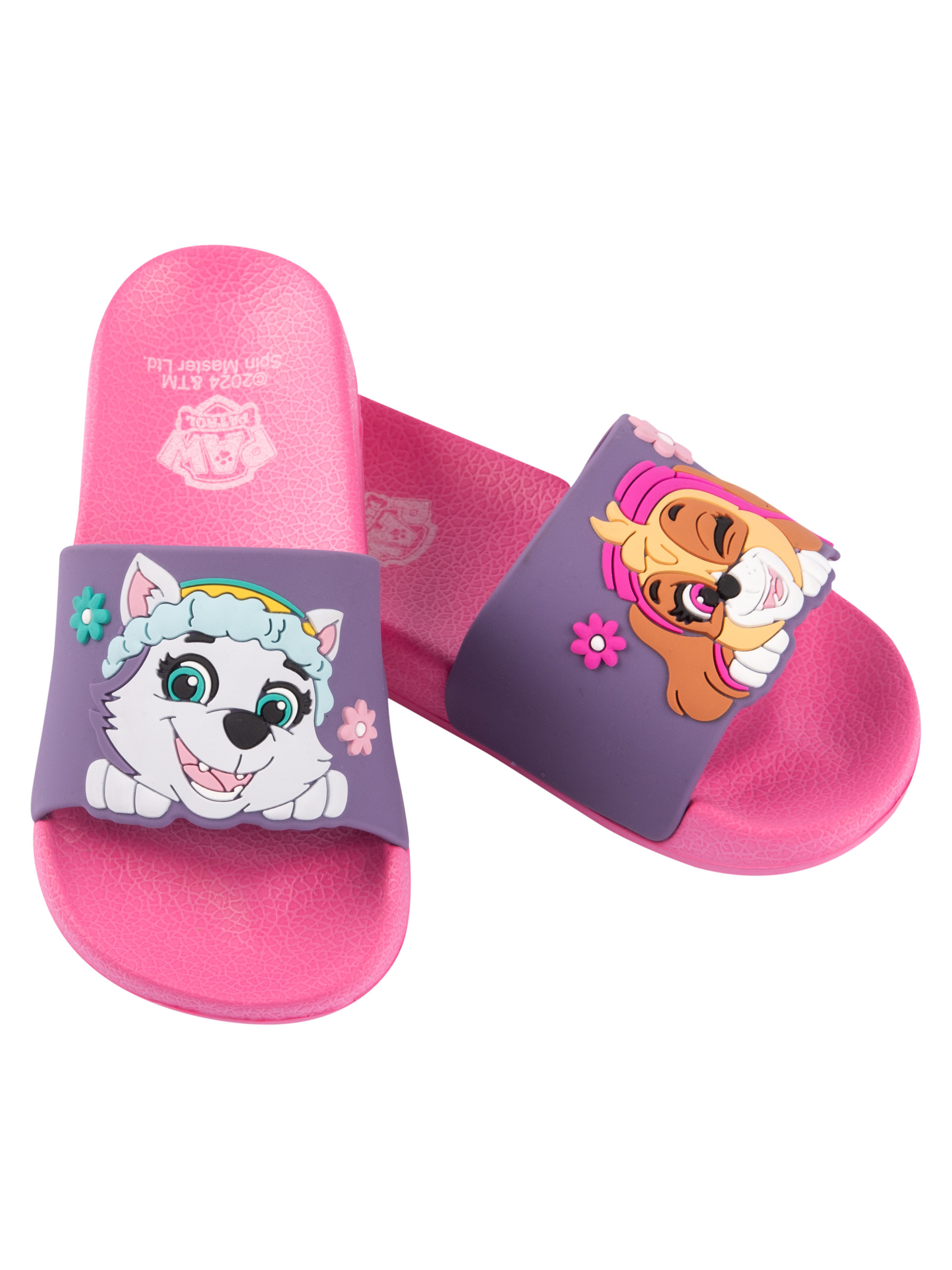 Pinke Paw Patrol Kindersandalen. Charaktere Skye und Everest sind sichtbar.