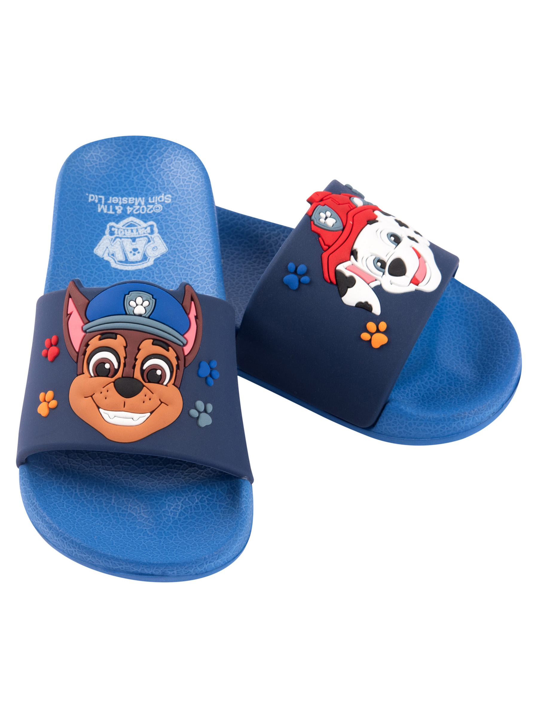 Blaue Paw Patrol-Slides. Einer zeigt Chase und der andere Marshall, beide Charaktere sind auf den Riemen.
