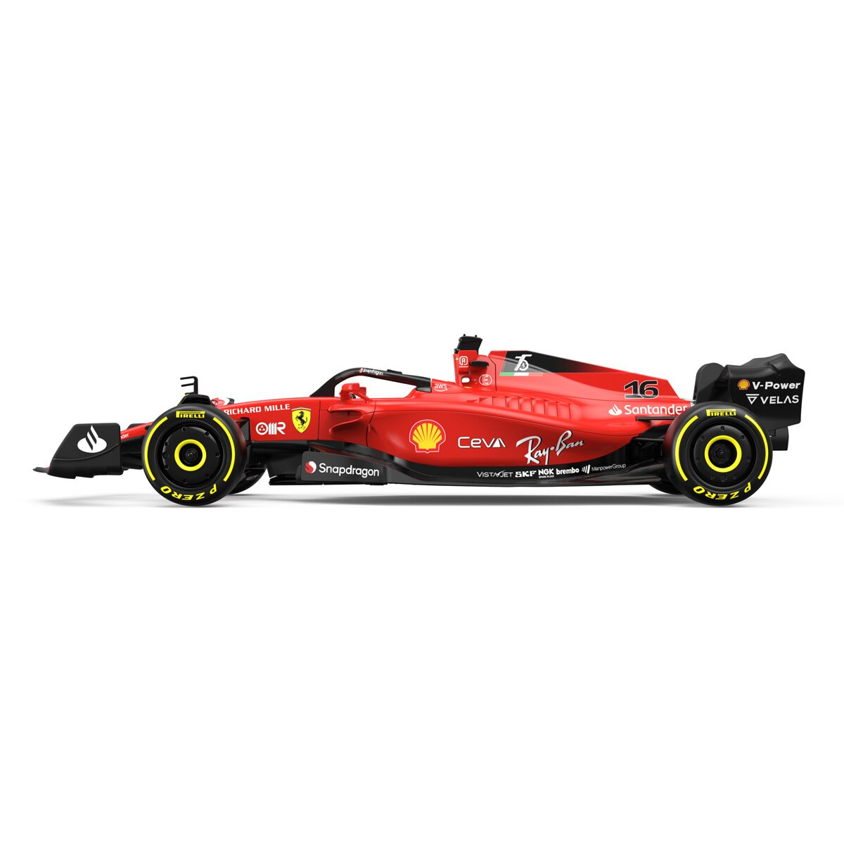 Ein roter Ferrari-Rennwagen. Das Auto hat Sponsorenlogos und die Nummer 16. Es ist auf weißem Grund.