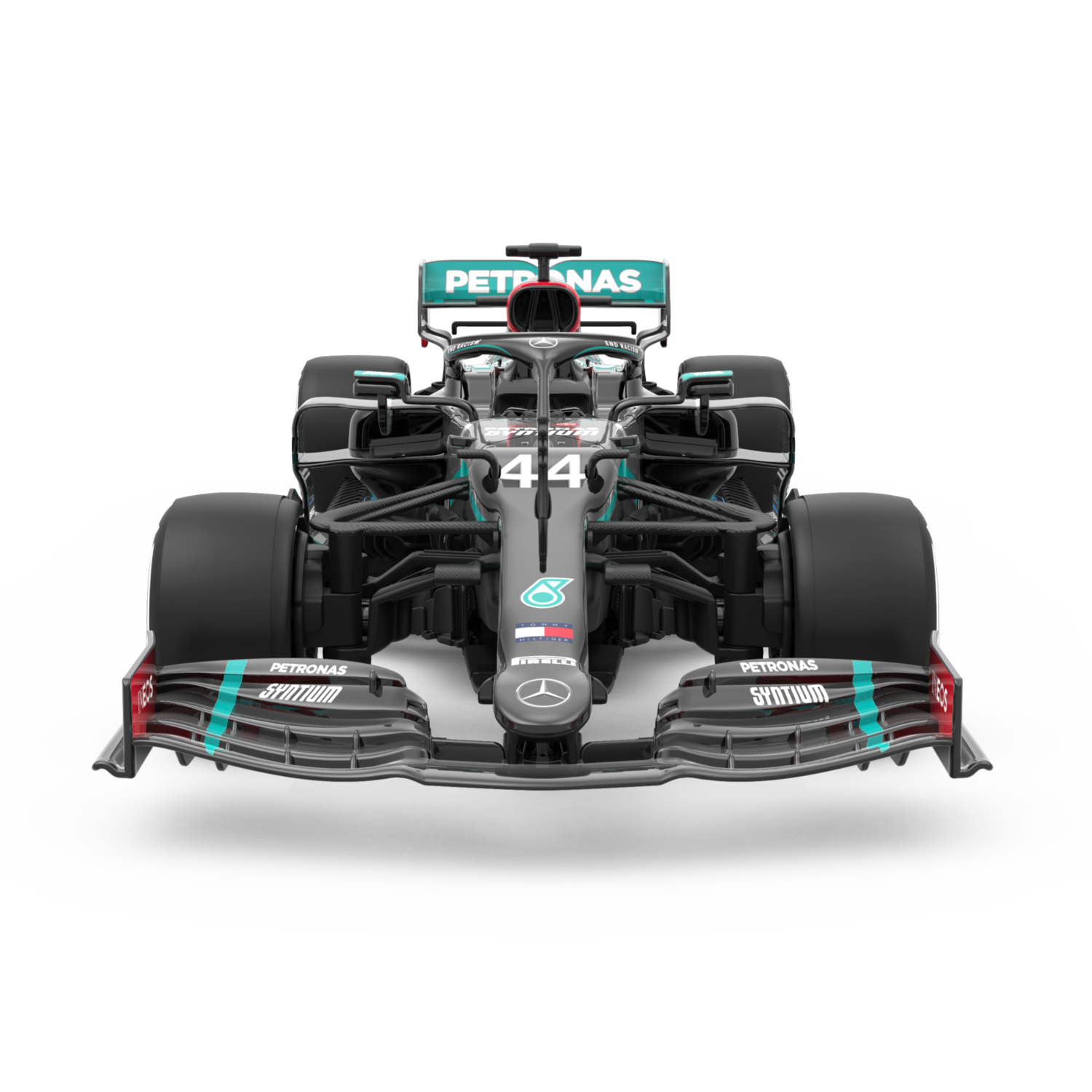 Ein schwarz-türkisfarbener Formel-1-Rennwagen, von vorne abgewinkelt, vor weißem Hintergrund.