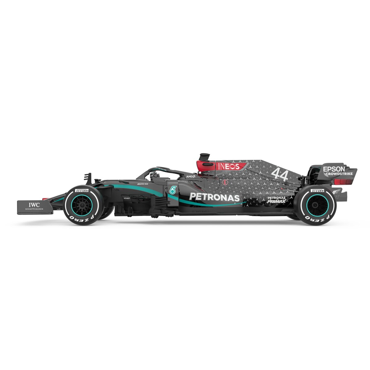 Schwarz-türkisfarbener Formel-1-Wagen. Seitenansicht. Sponsorenlogos auf dem Wagen. Weißer Hintergrund.