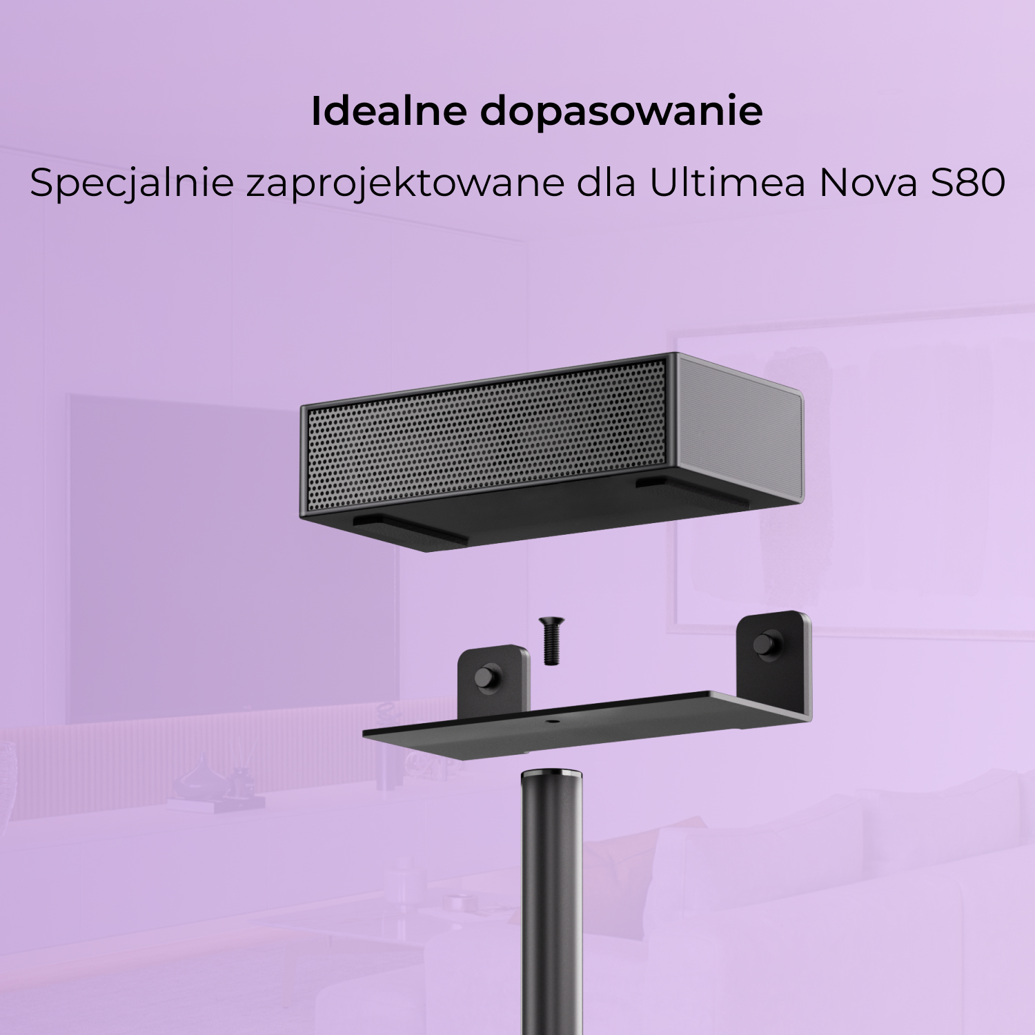 Czarny głośnik zawieszony nad stojakiem, z czarną podstawą i fioletowym tłem. Tekst: 'Idealne dopasowanie'.