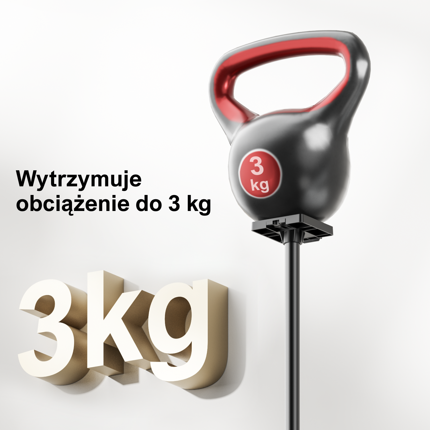 Czarny i czerwony kettlebell na stojaku, z wagą 3 kg. Tło jest białe.