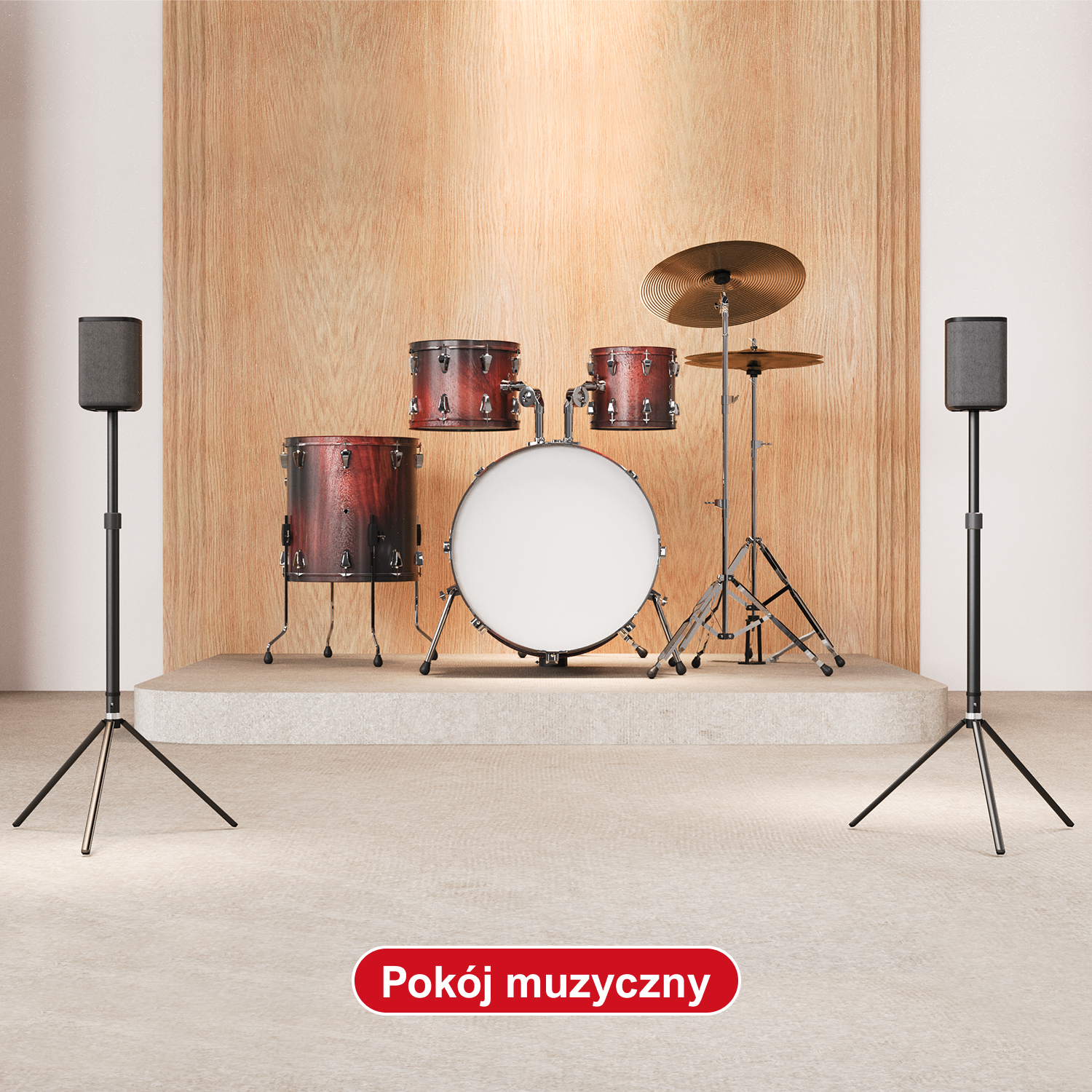 Pokój muzyczny z zestawem perkusyjnym i dwoma głośnikami na statywach.