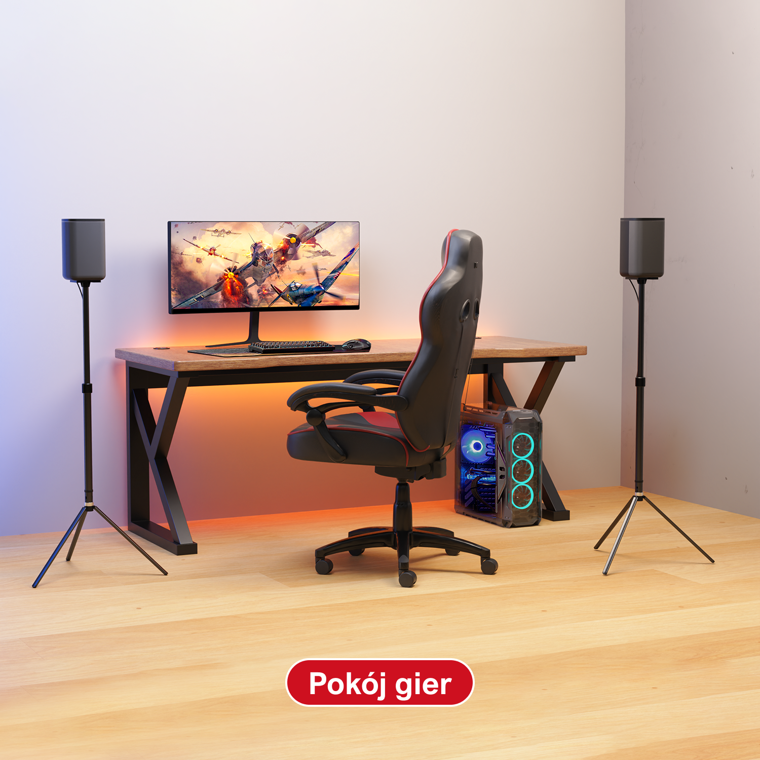 Pokój gier z biurkiem, monitorem, krzesłem, głośnikami na stojakach i komputerem.