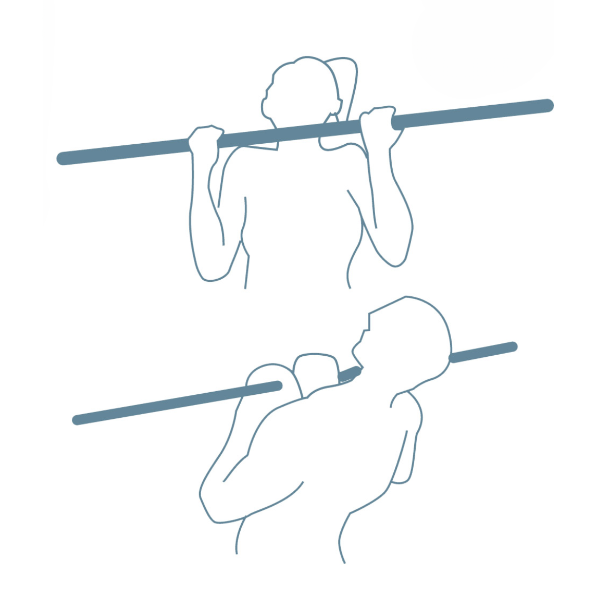 Line drawing shows exercises: pull-ups and a person lying down with the bar.