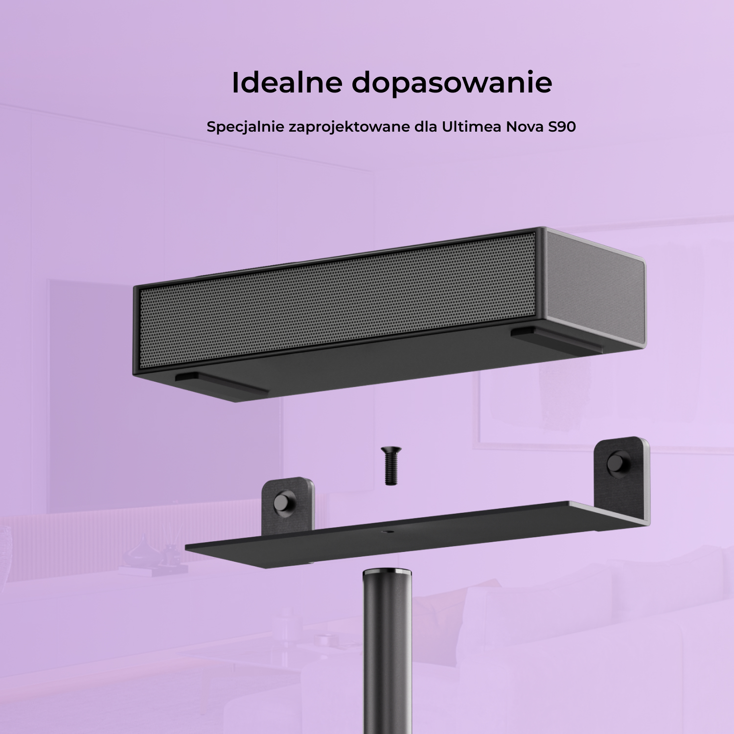 Czarny głośnik zawieszony nad stojakiem, z czarną podstawą i fioletowym tłem. Tekst: 'Idealne dopasowanie'.