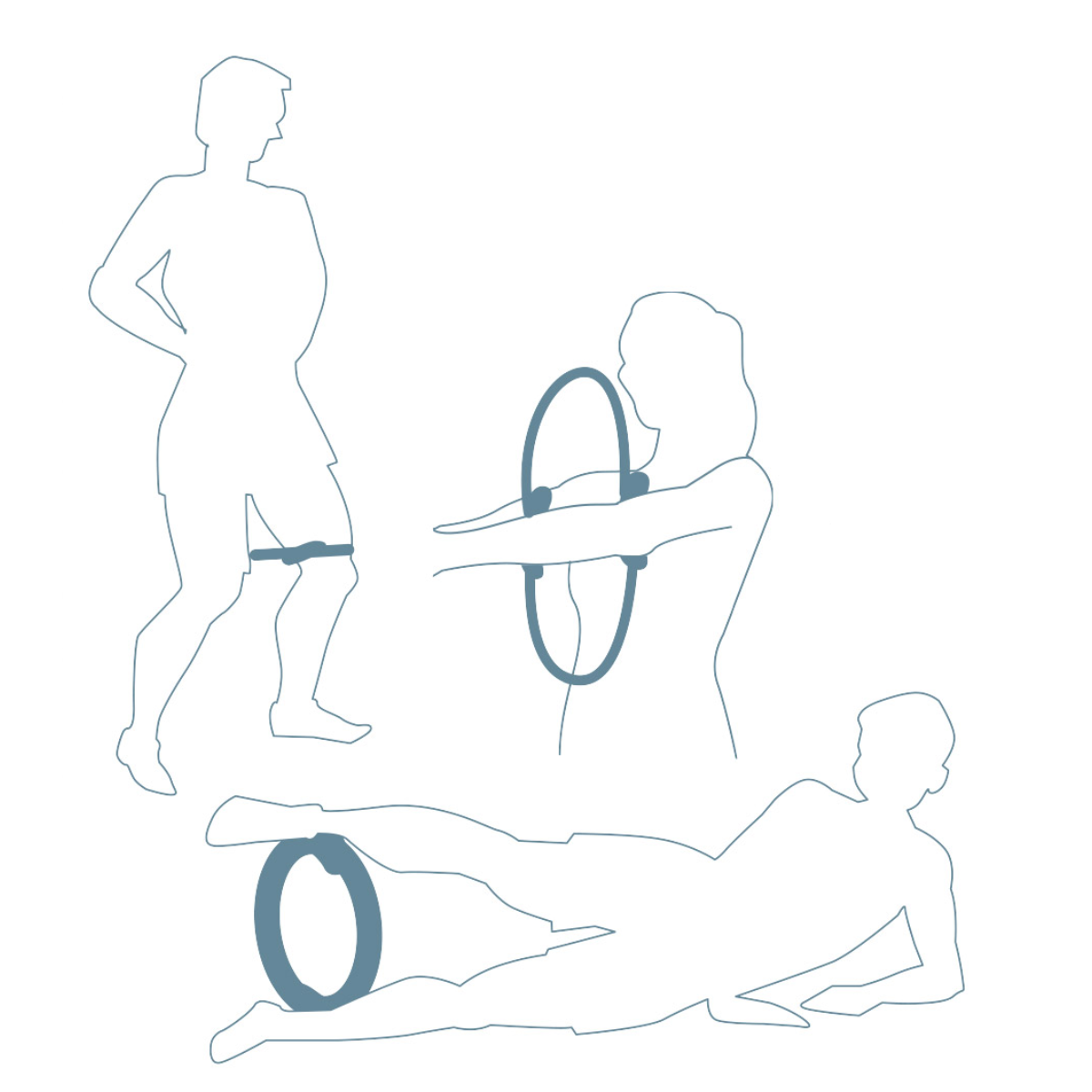 Diagram met verschillende oefeningen met een pilatesring. Witte achtergrond.