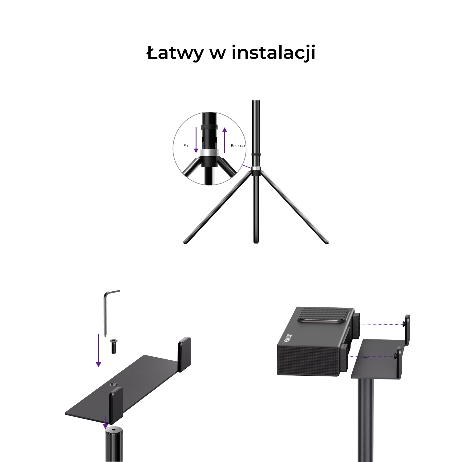 Schemat pokazuje, jak złożyć stojak na głośnik za pomocą śrub i klucza imbusowego.