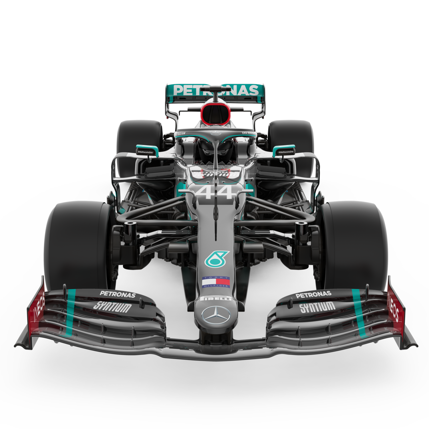 Ein graues Formel-1-Auto mit schwarzen Reifen und Sponsorenaufklebern, isoliert auf Weiß.