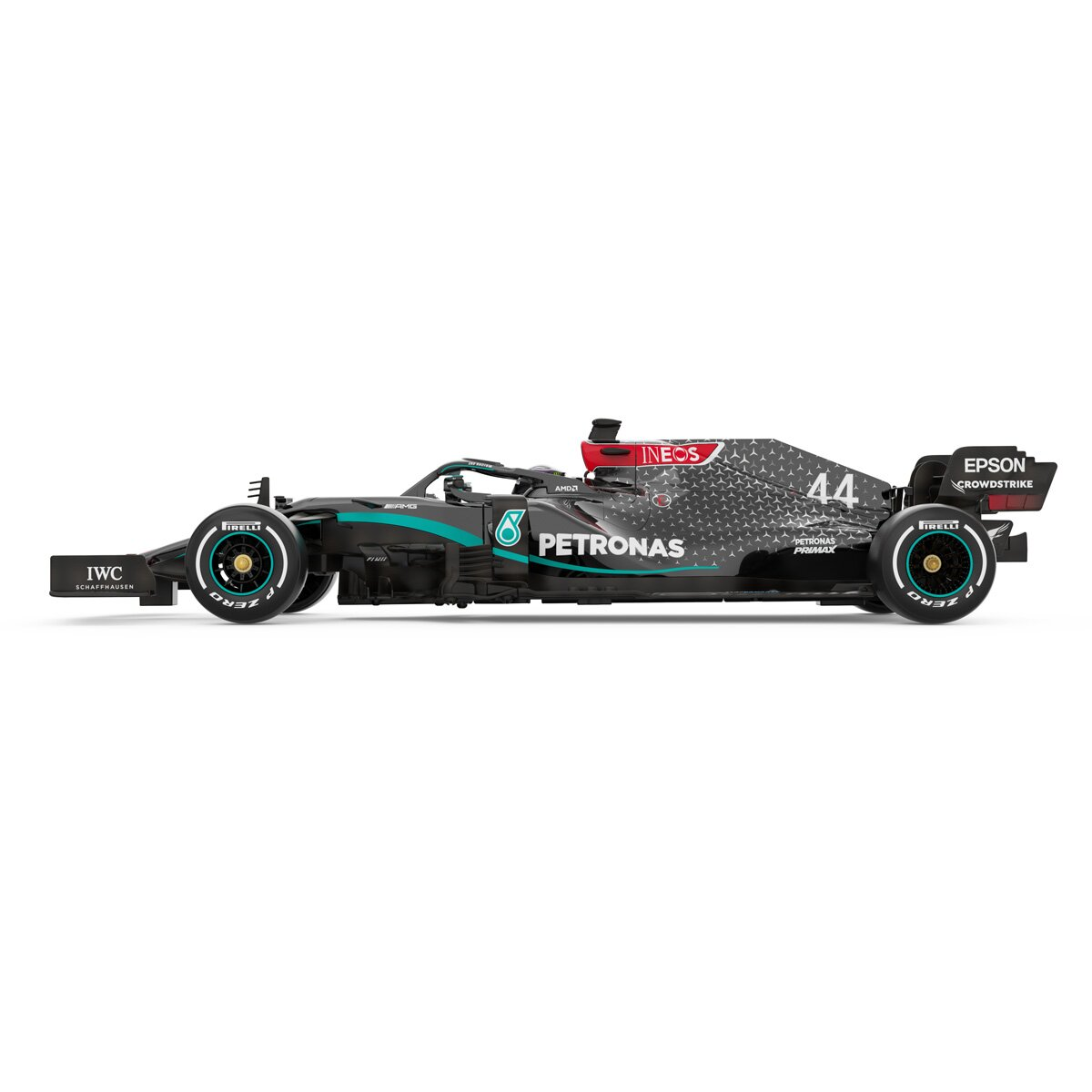 Schwarzes und blaugrünes Formel-1-Rennauto mit Sponsorenlogos. Das Auto steht auf weißem Hintergrund. Seitenansicht.