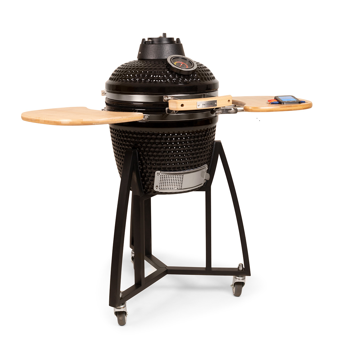 A black, egg-shaped grill with wooden side tables, with a white background.