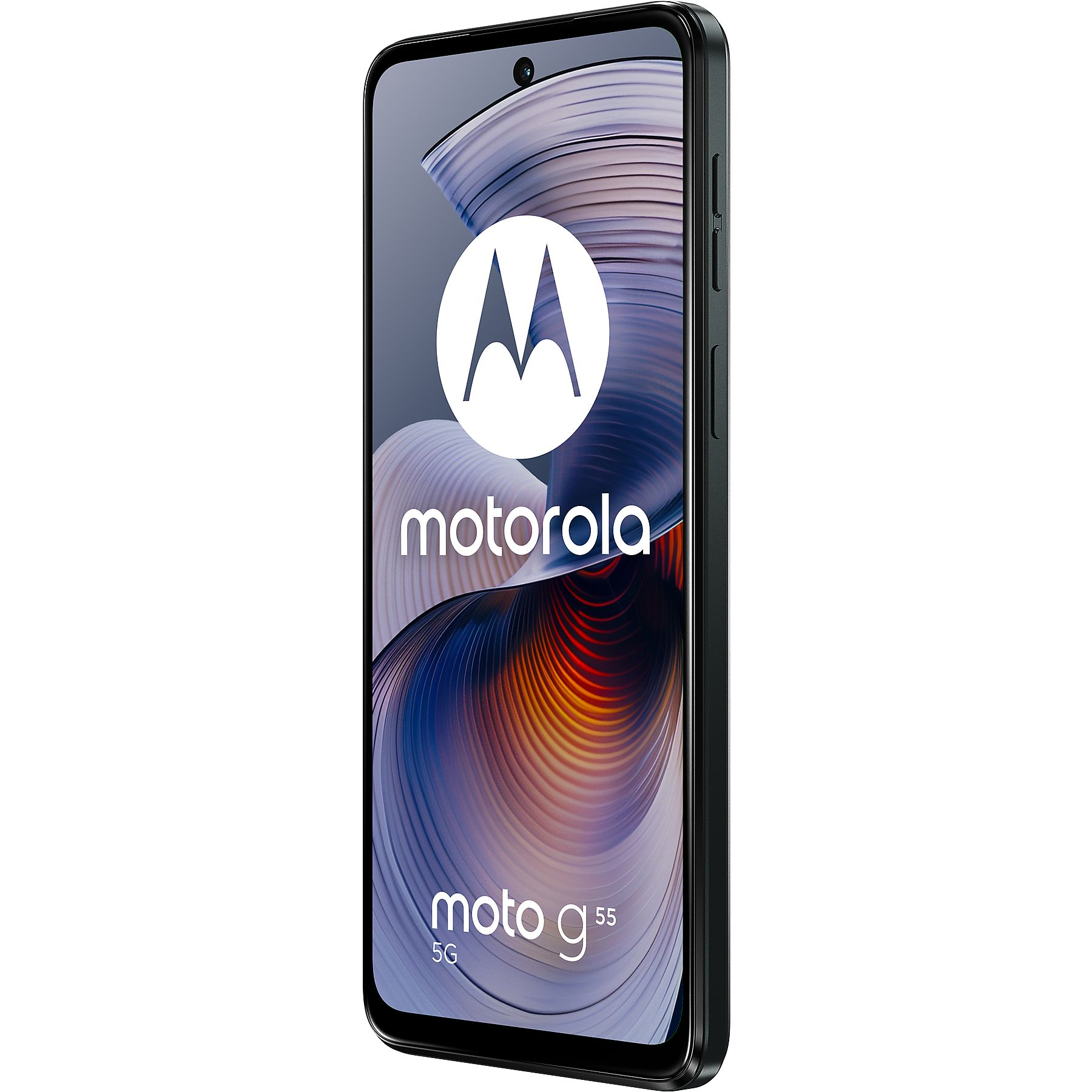 Czarny smartfon Motorola Moto G55 5G z logo i włączonym ekranem.