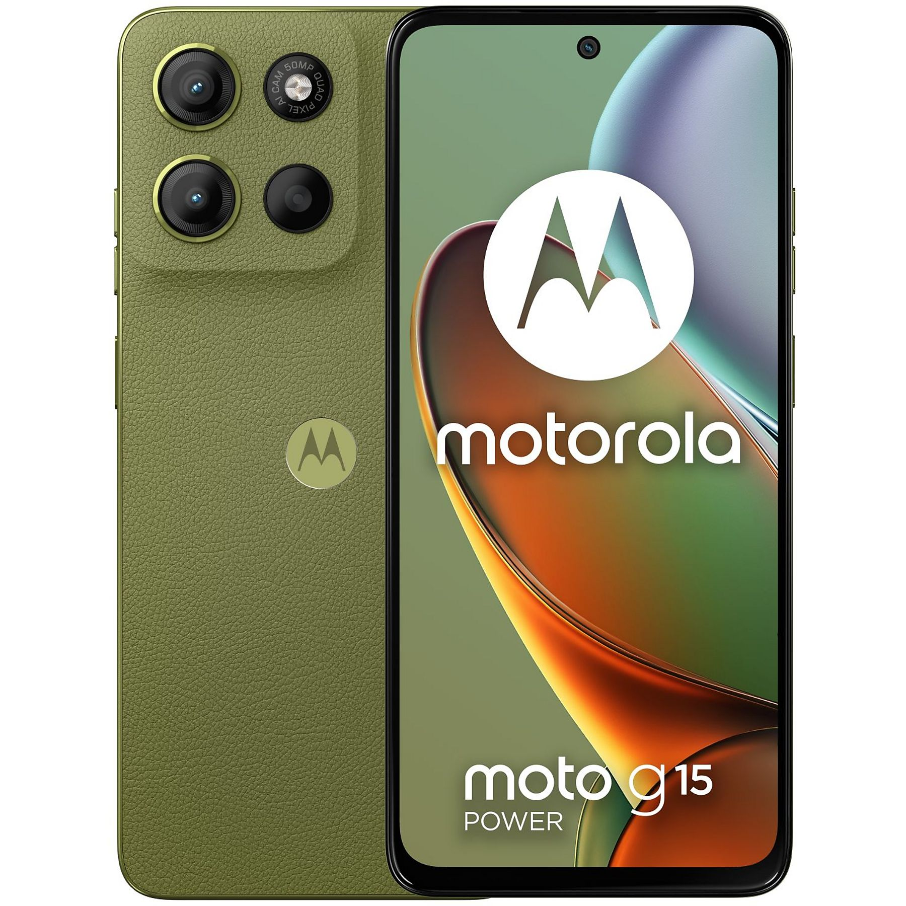 Zielony smartfon Motorola Moto G15 Power. Posiada potrójny aparat i logo Motorola z tyłu.