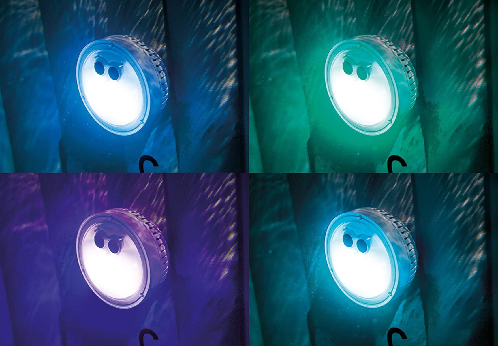 Vier Bilder eines Poollichts in verschiedenen Farben: blau, grün, lila und türkis.