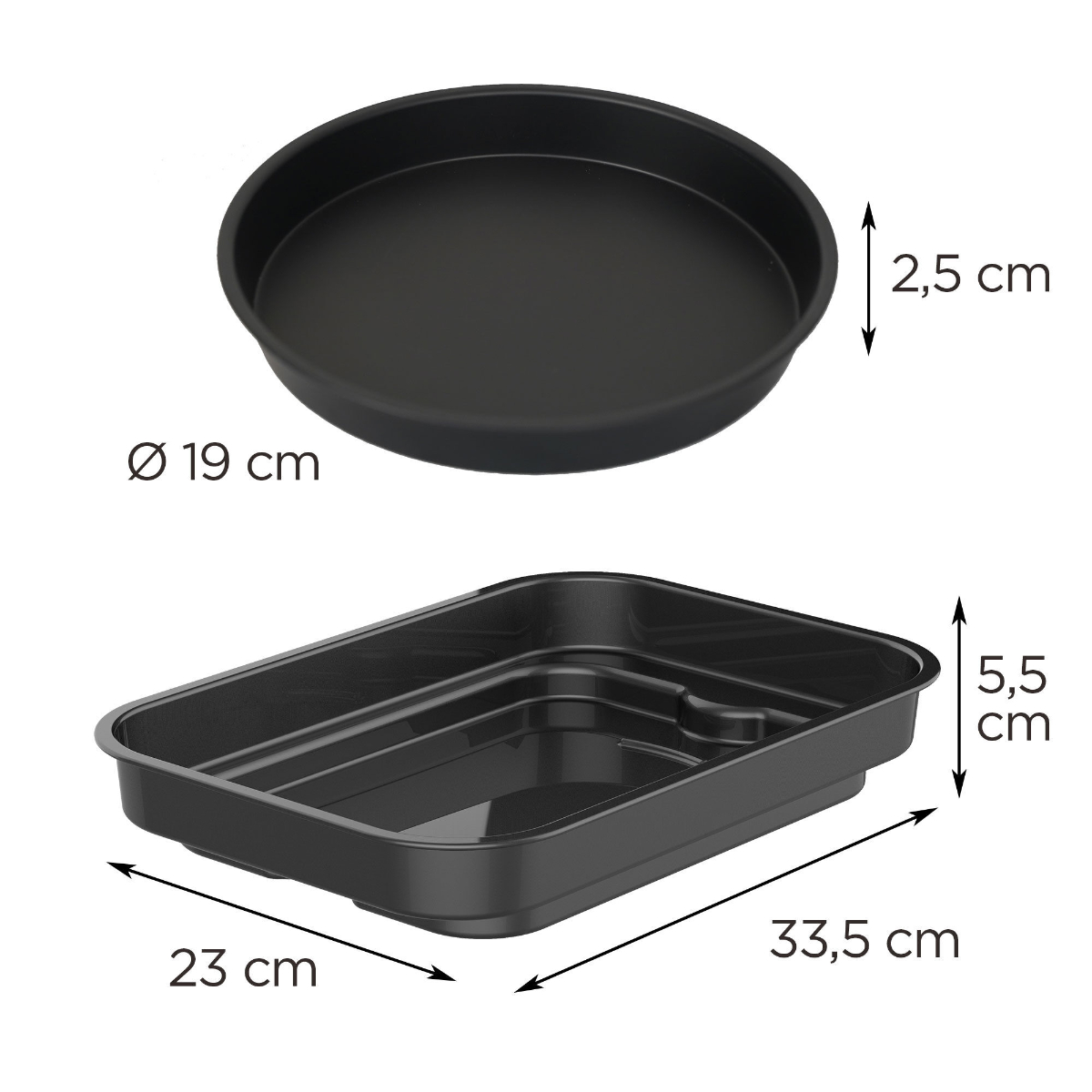 Zwei schwarze Tabletts: eins rund und eins rechteckig, mit Maßangaben in cm.