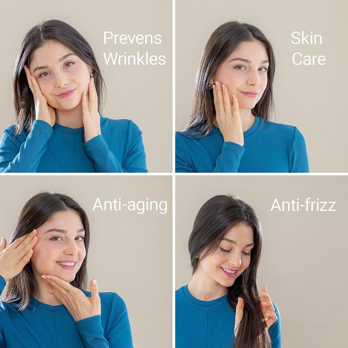 Vier Bilder, die eine Frau zeigen, die ihr Gesicht berührt. Text: beugt Falten vor, Hautpflege, Anti-Aging, Anti-Frizz.