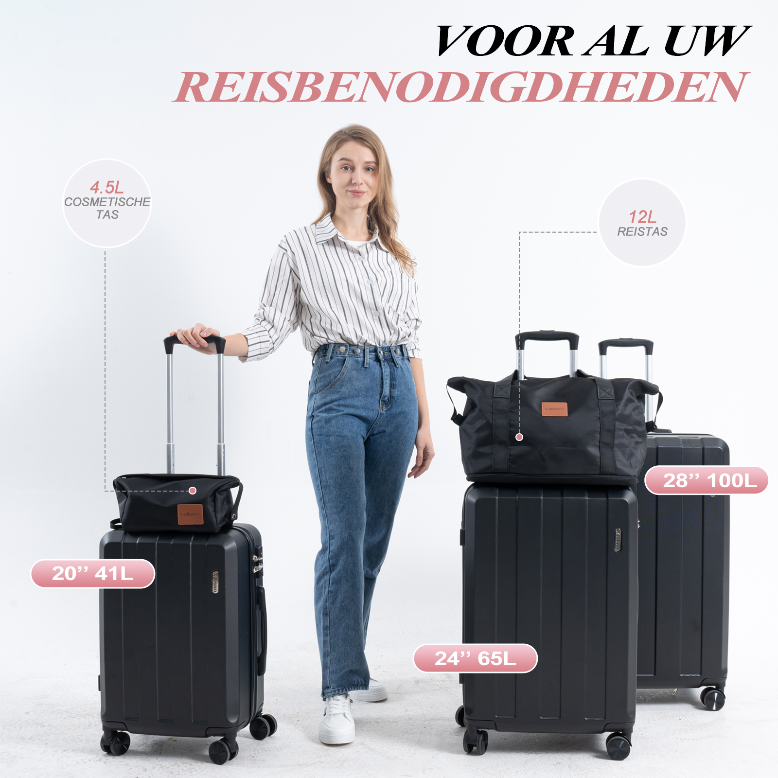 A woman with luggage, showcasing travel bags and a suitcase, white background.