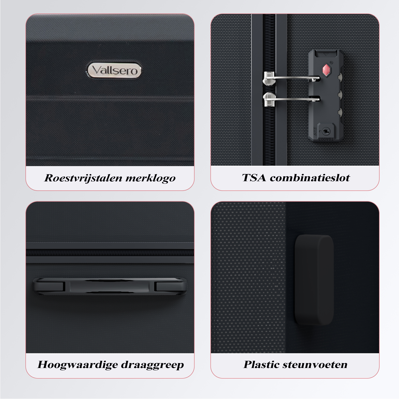 Close-up of luggage details: logo, combination lock, handle, and feet.