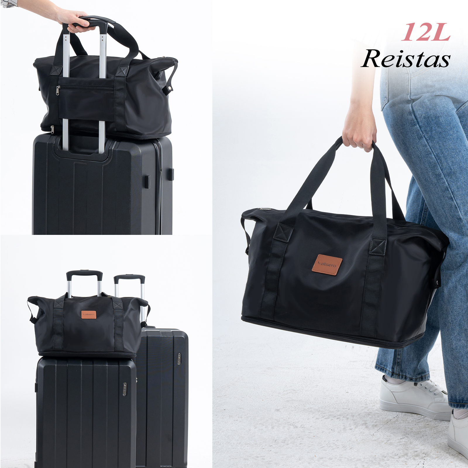 Black travel bag on black suitcase, with a woman holding bag and a table with dimensions.