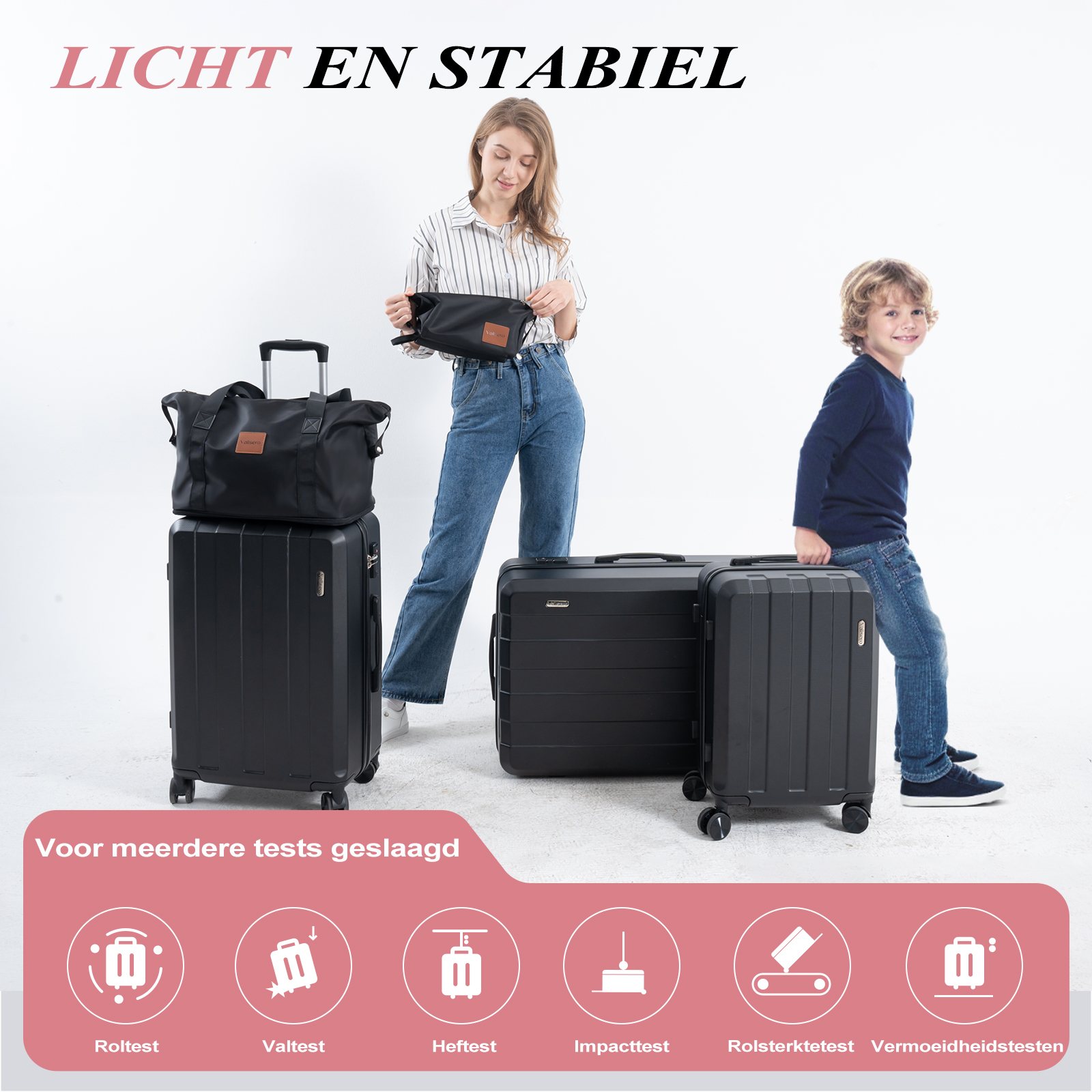 Two black suitcases, woman and a boy, with a table of test results and bag on a white background.