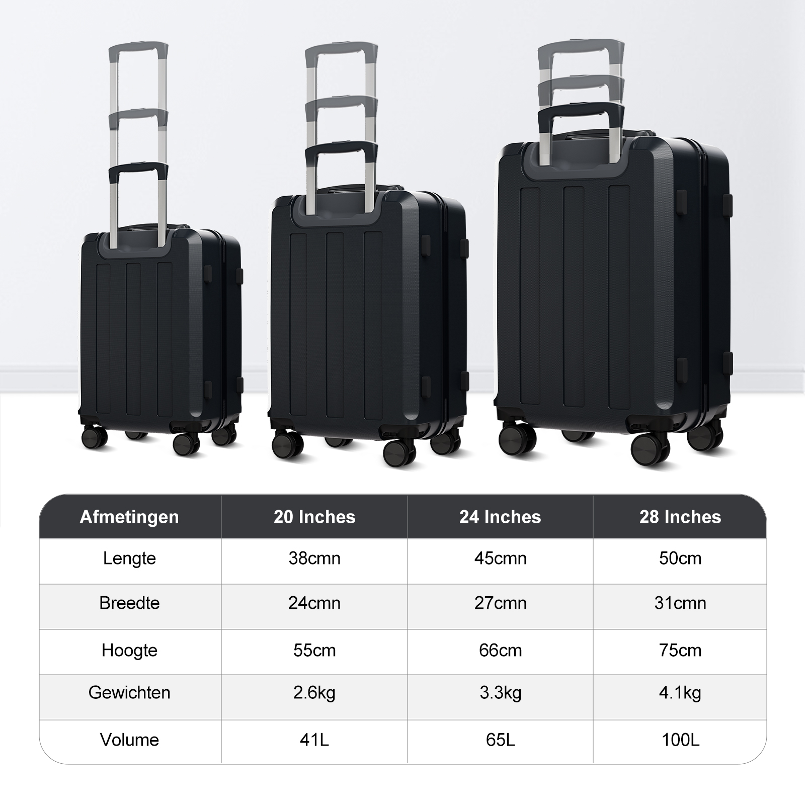 Three black suitcases of different sizes with specifications: dimensions, weight, volume.