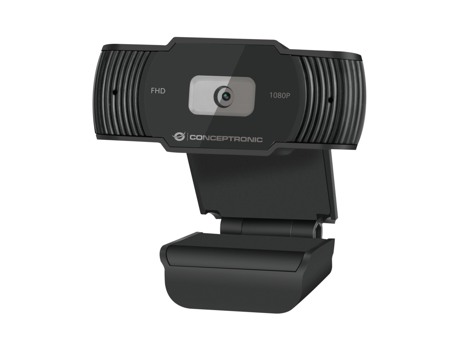 Webcam ConcepTronic noire avec objectif, trous pour microphone et support, isolée sur blanc.