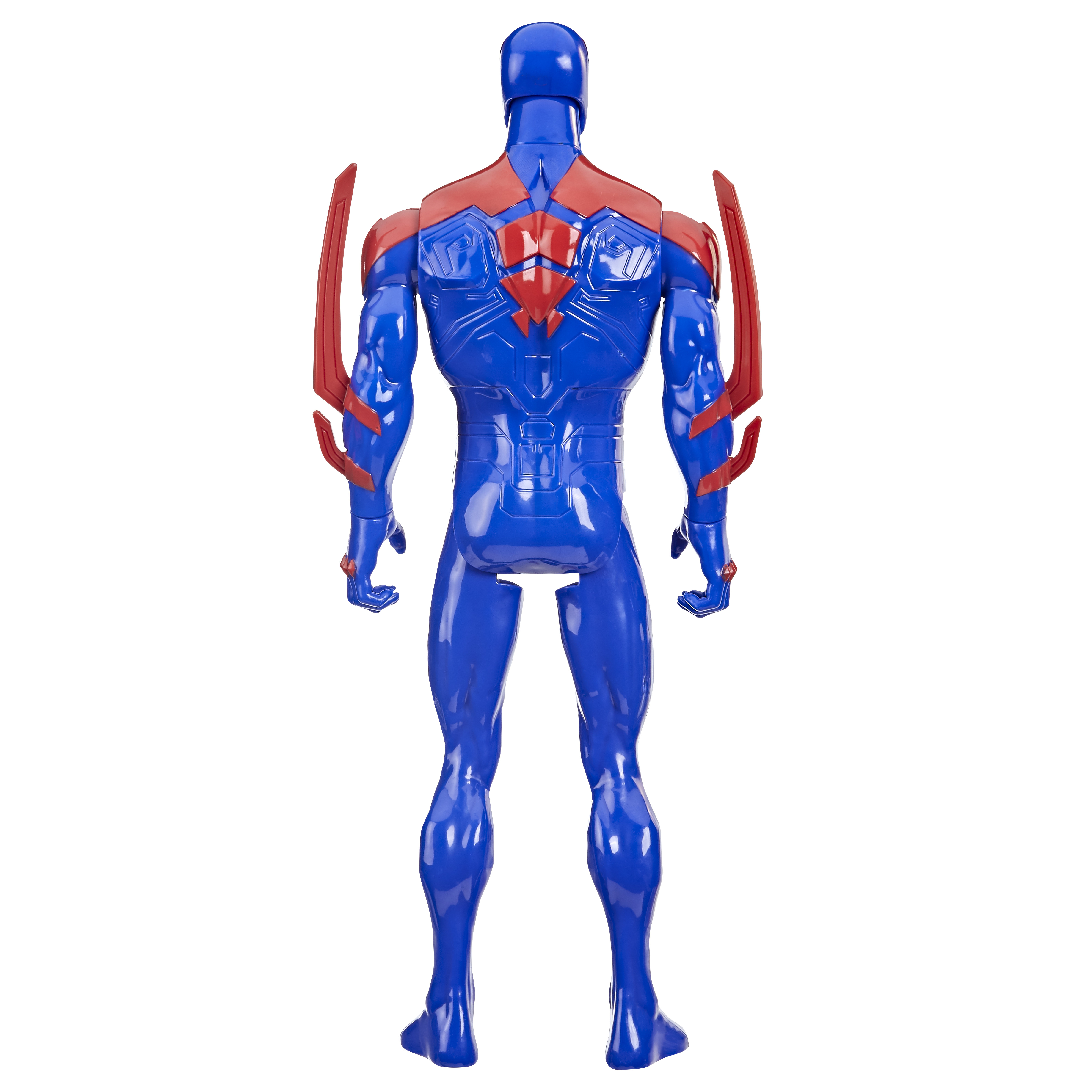 Vista posteriore di un personaggio d'azione di Spider-Man blu e rosso muscoloso, dettagli rossi sulle spalle.