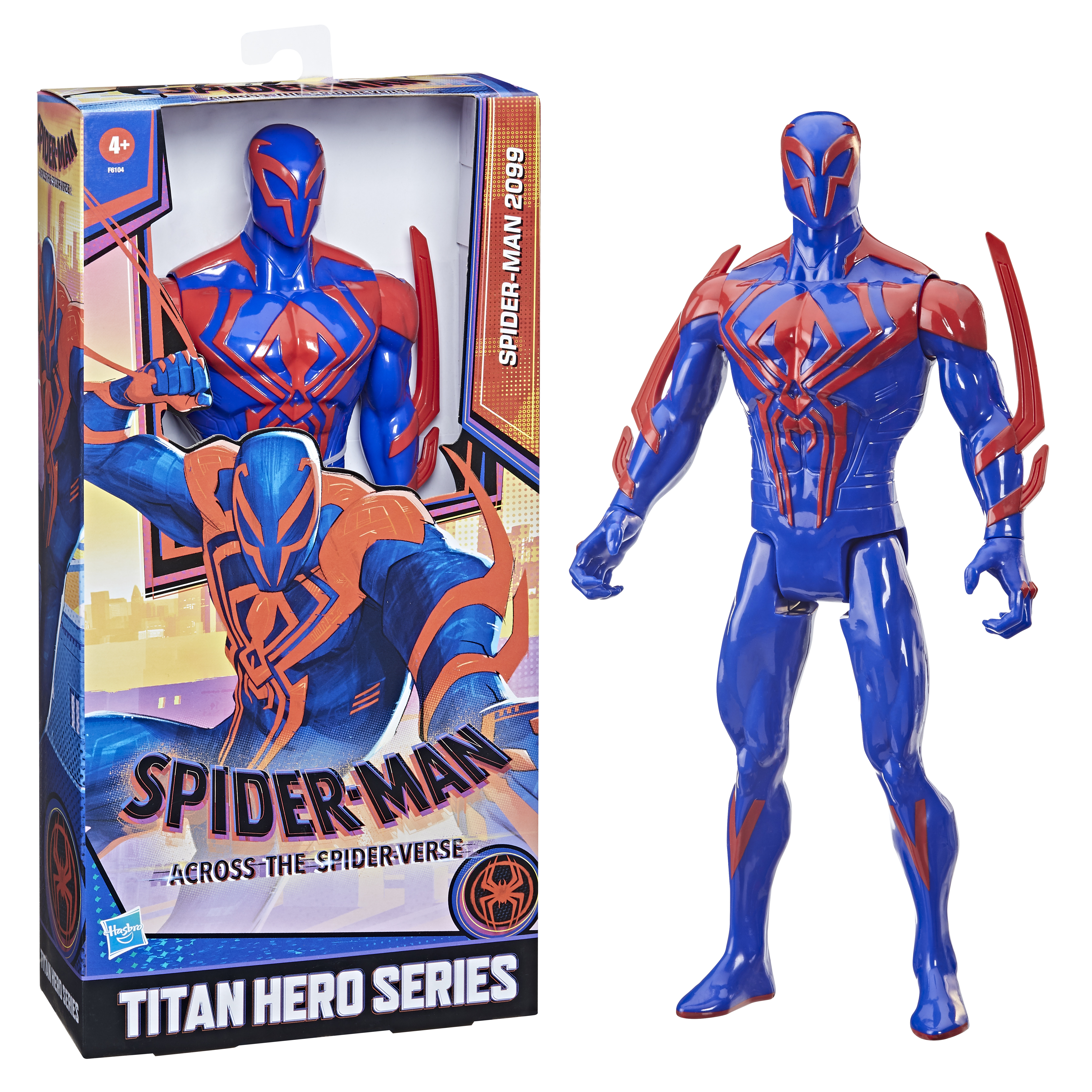 Action figure di Spider-Man in una scatola, tuta blu e rossa con un logo di Spider-Man.