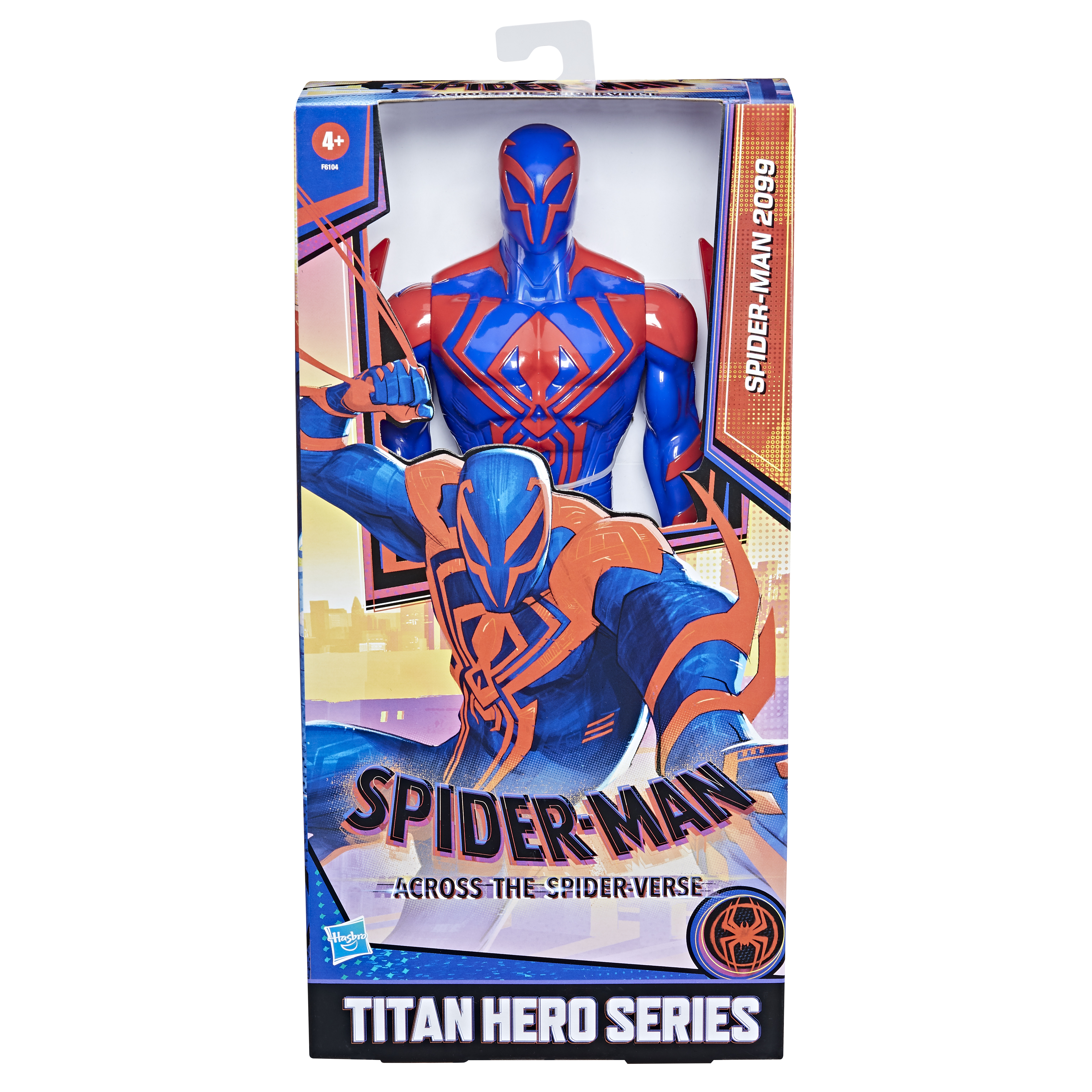 Un personaggio d'azione di Spider-Man in una scatola, tuta blu e rossa con il logo di Spider-Man.
