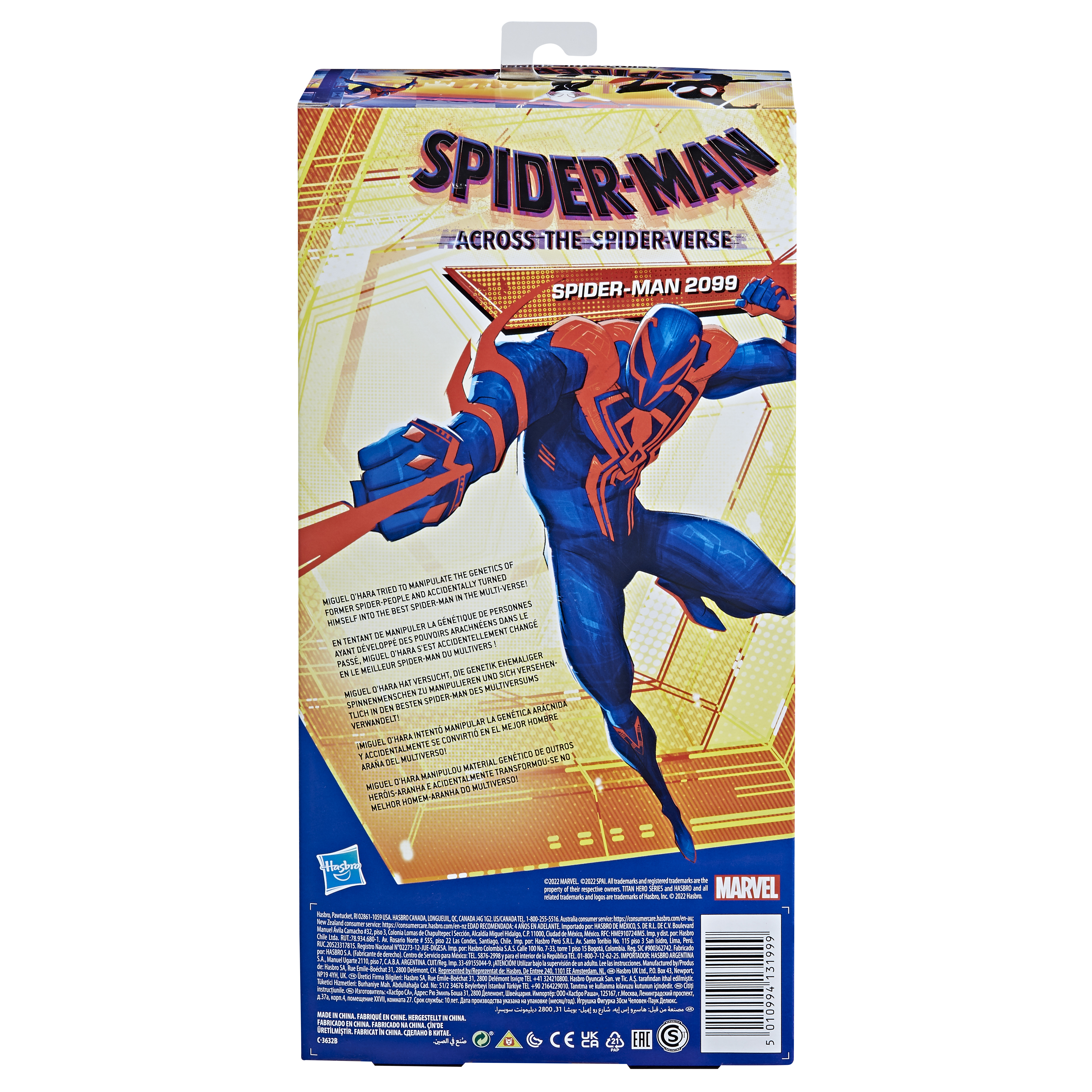 Retro della scatola dei giocattoli di Spider-Man 2099, illustrazione di Spider-Man, colori blu, rosso e bianco.