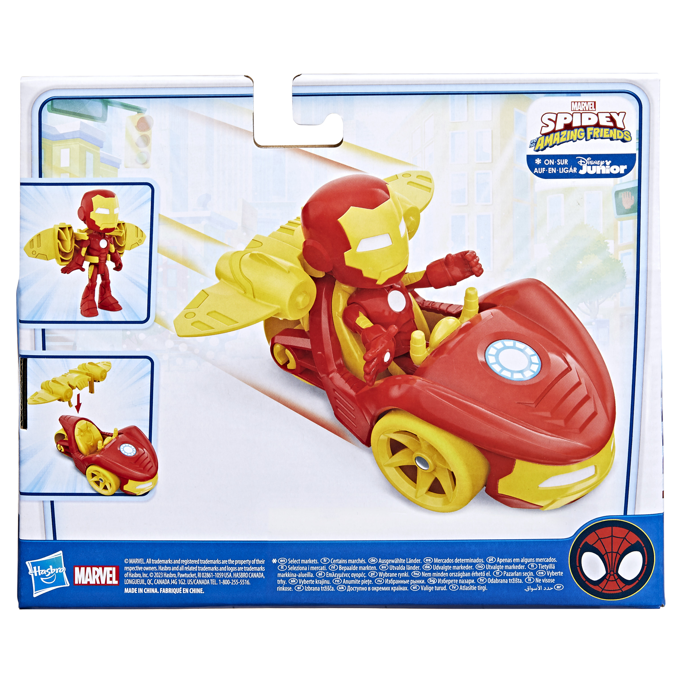 Giocattolo di Iron Man in un'auto con jet pack, su una scatola di Marvel Spidey.