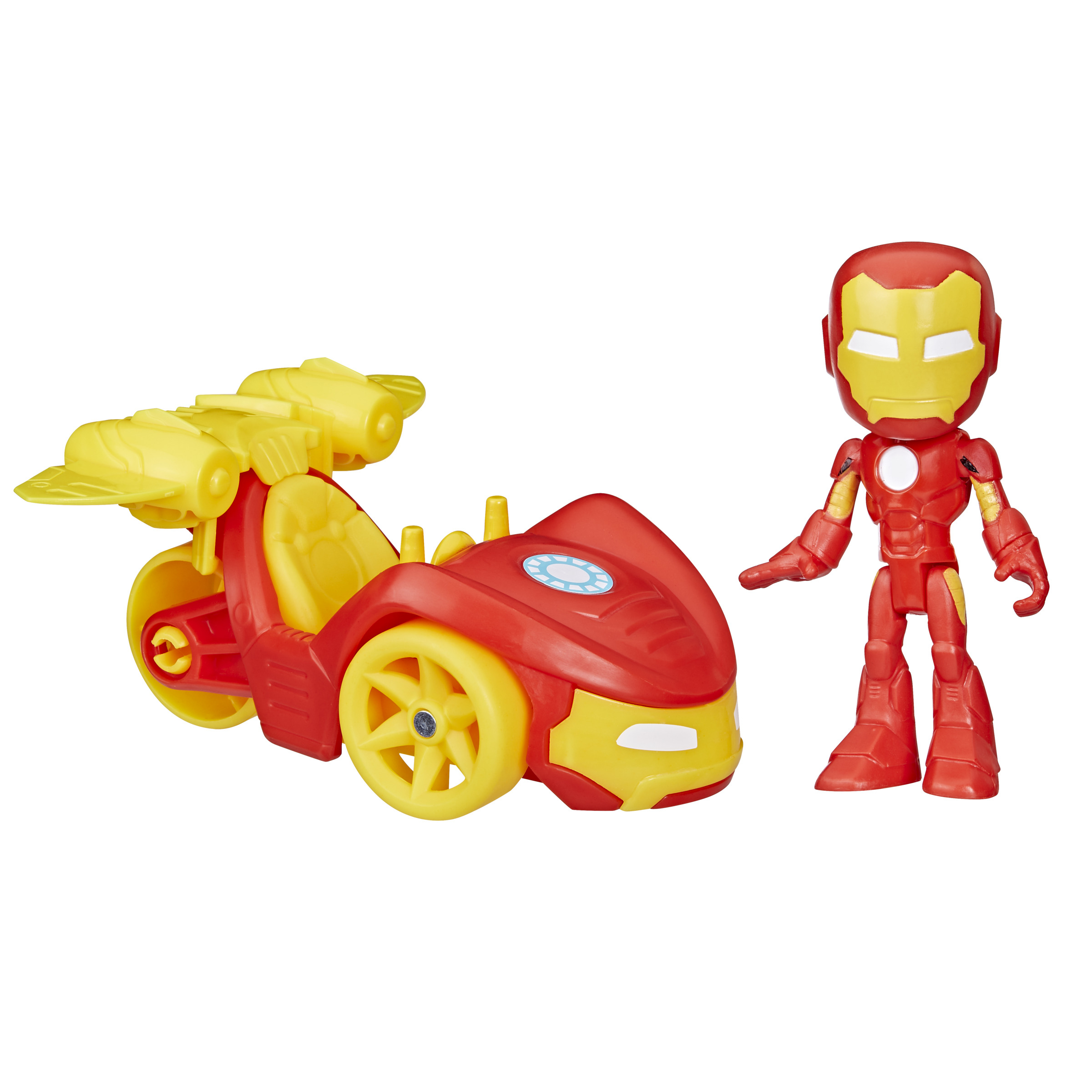 La figura di Iron Man e un veicolo rosso e giallo. La figura è rossa e gialla.
