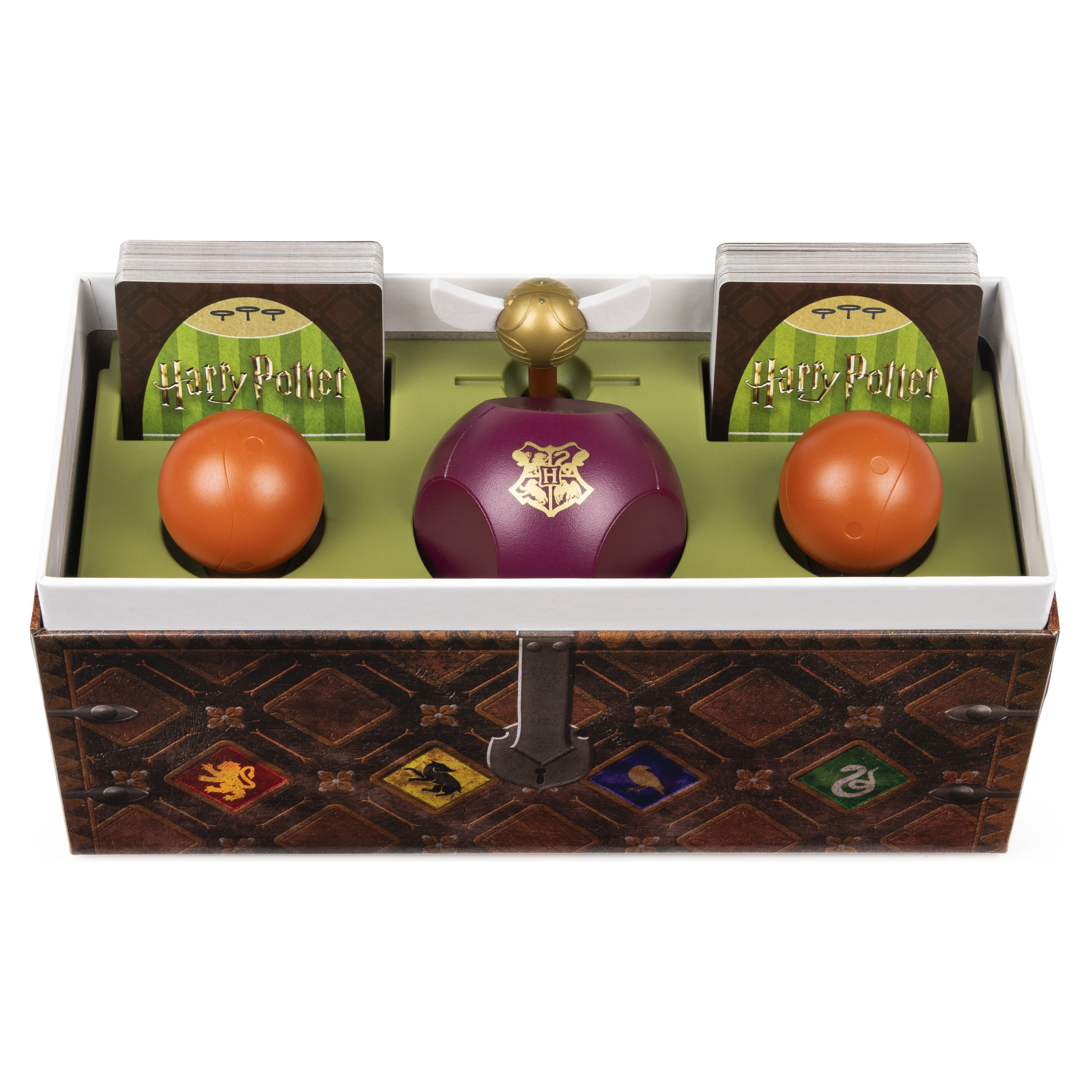 Pudełko do gry Harry Potter, otwarte. Zawiera karty, znicz i dwie pomarańczowe piłki.