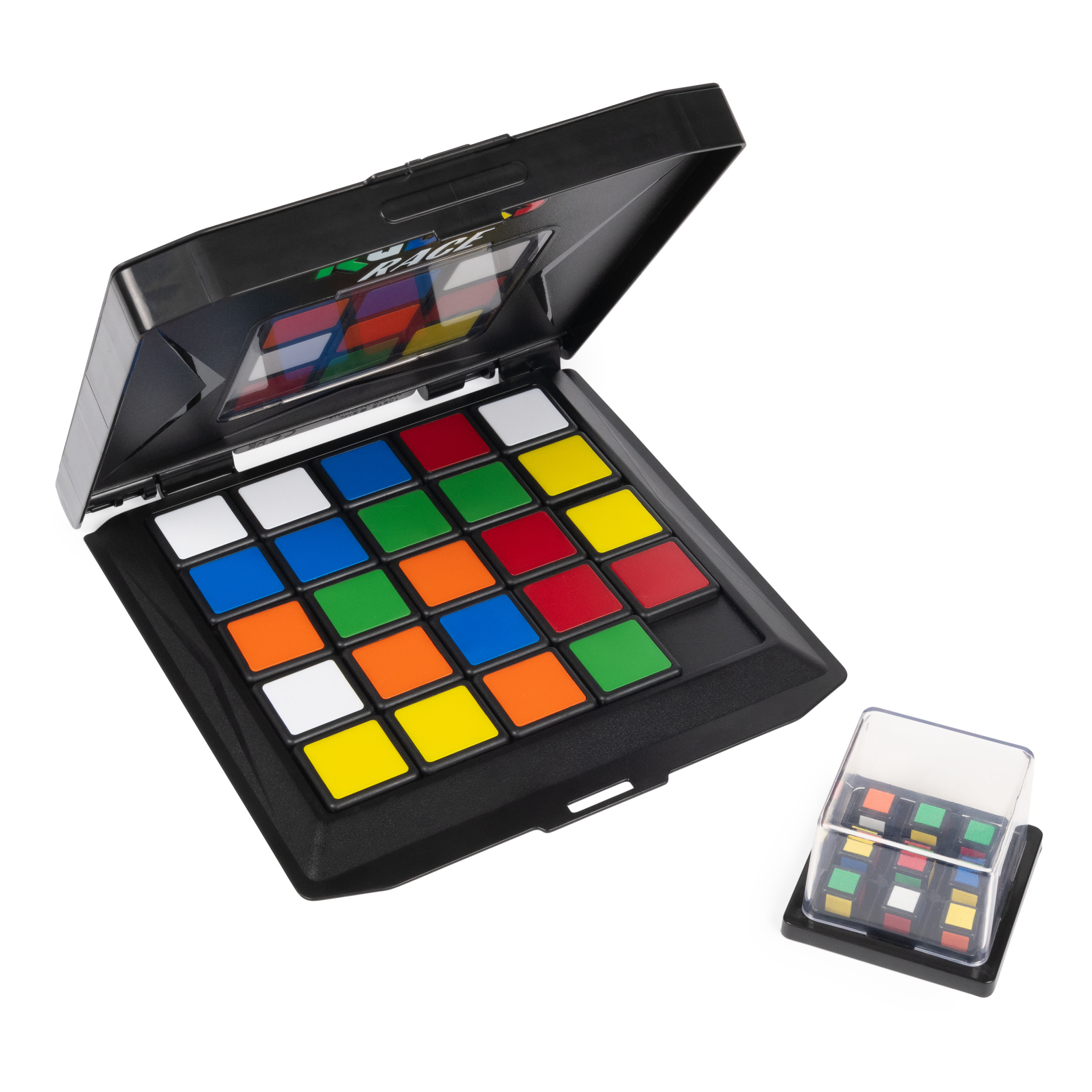 Gra w kostkę Rubika, czarne etui, wielokolorowe kwadraty i mini kostka.