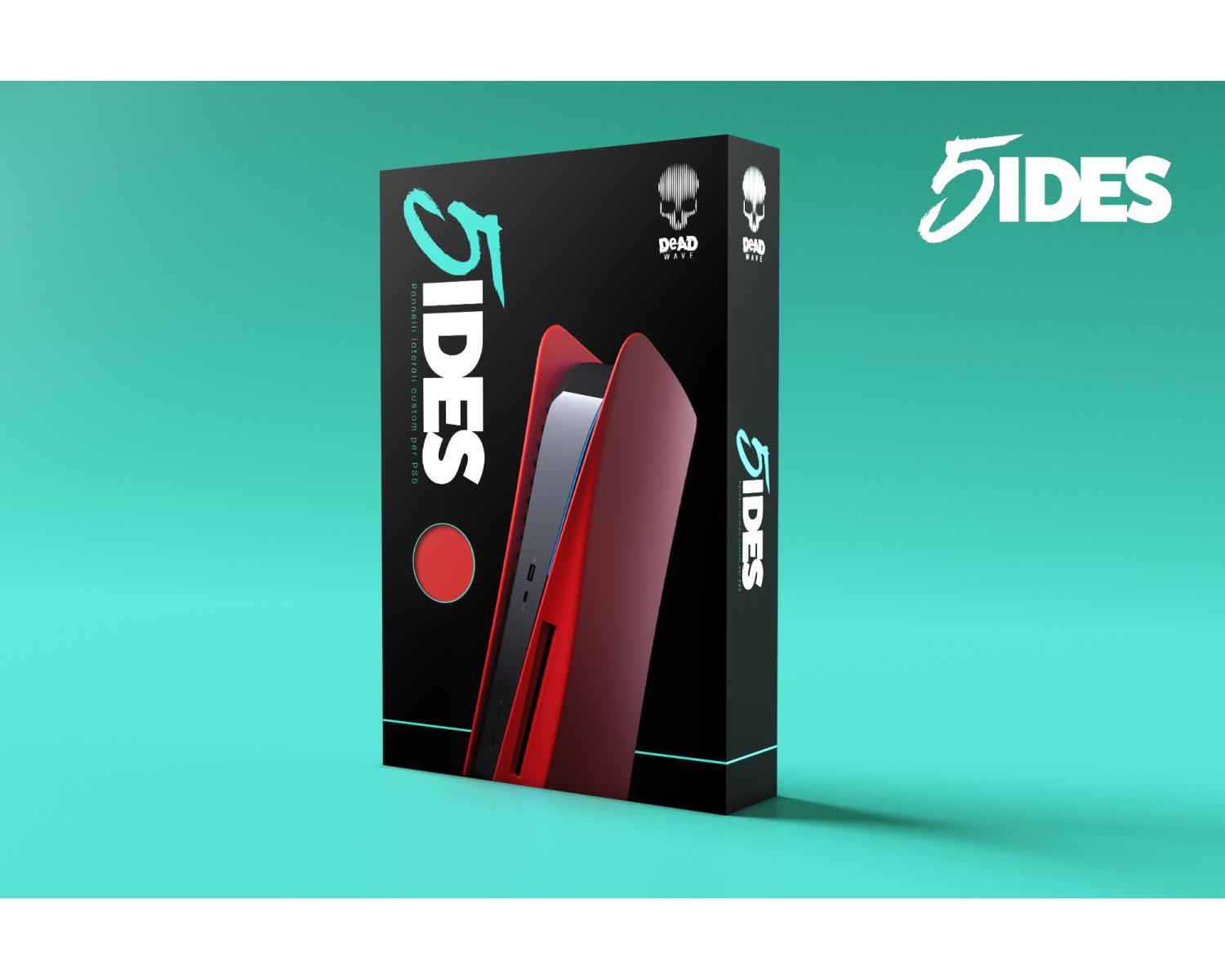 Pudełko 5IDES. Na pudełku pokazano czerwoną konsolę PS5. Czarne pudełko z czerwonym i białym tekstem.