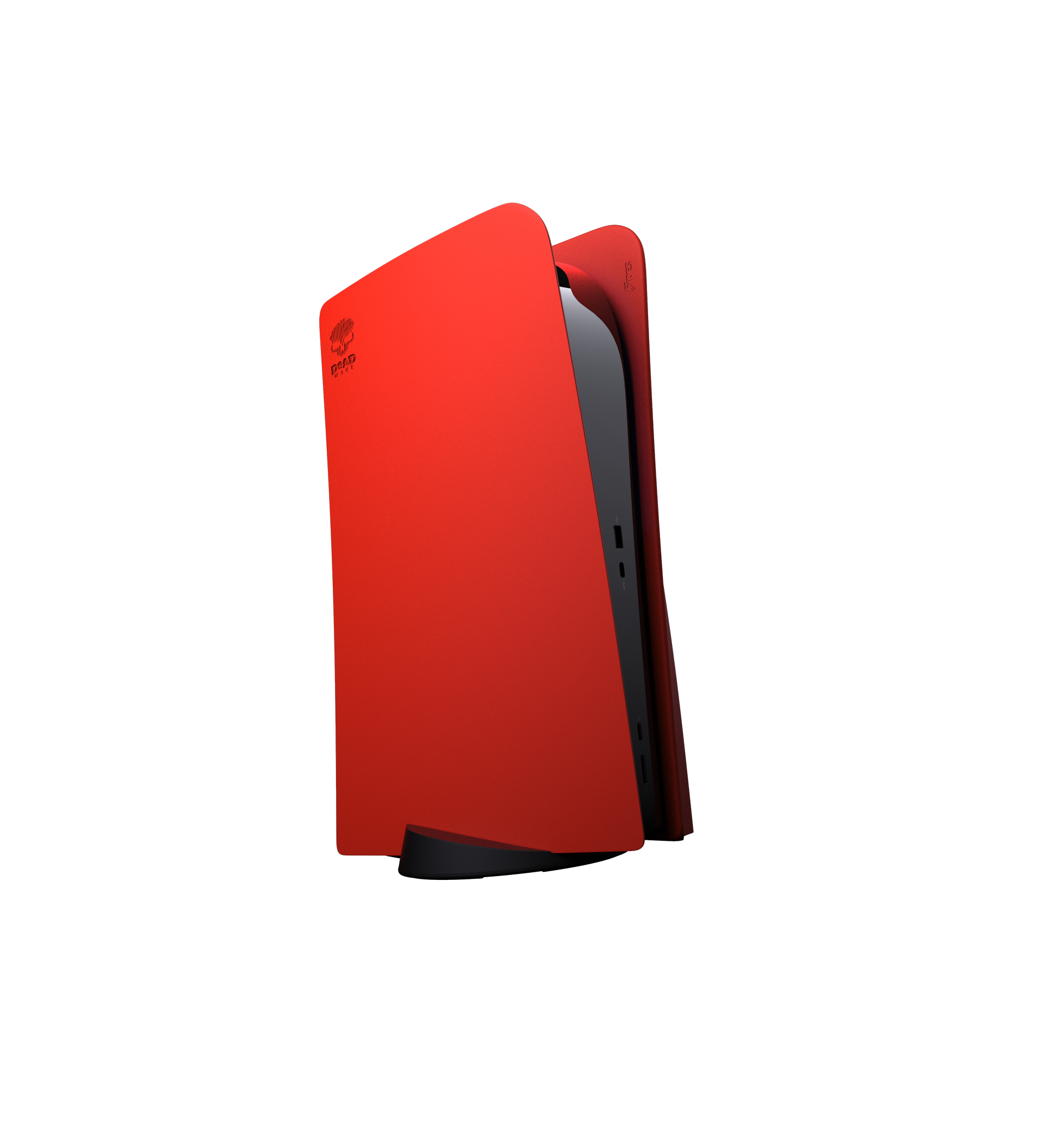 Czerwona konsola PS5 z niestandardowymi panelami przednimi. Konsola stoi pionowo, z czarną podstawą i logo.