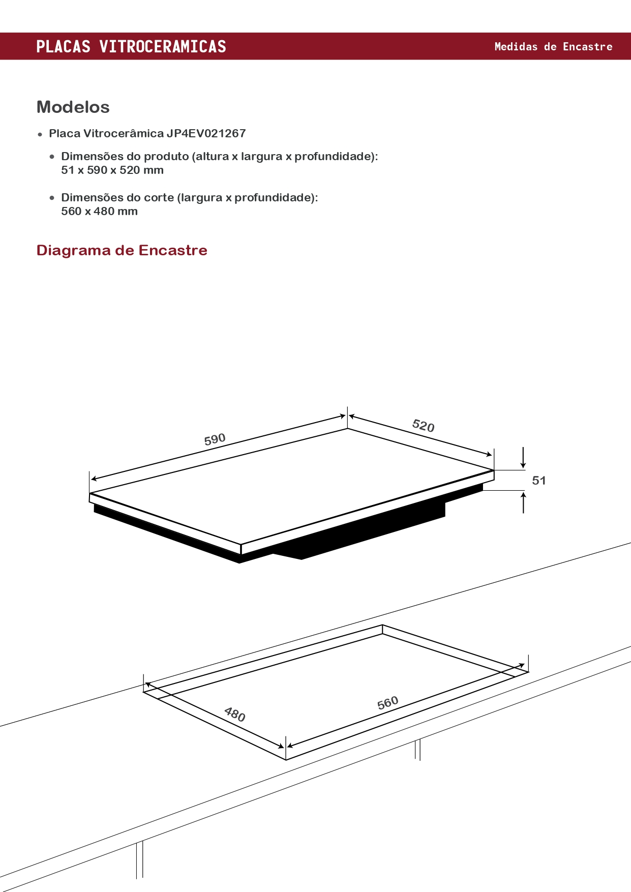 Diagrama de una placa vitrocerámica negra con dimensiones y guía de corte. La placa es rectangular.