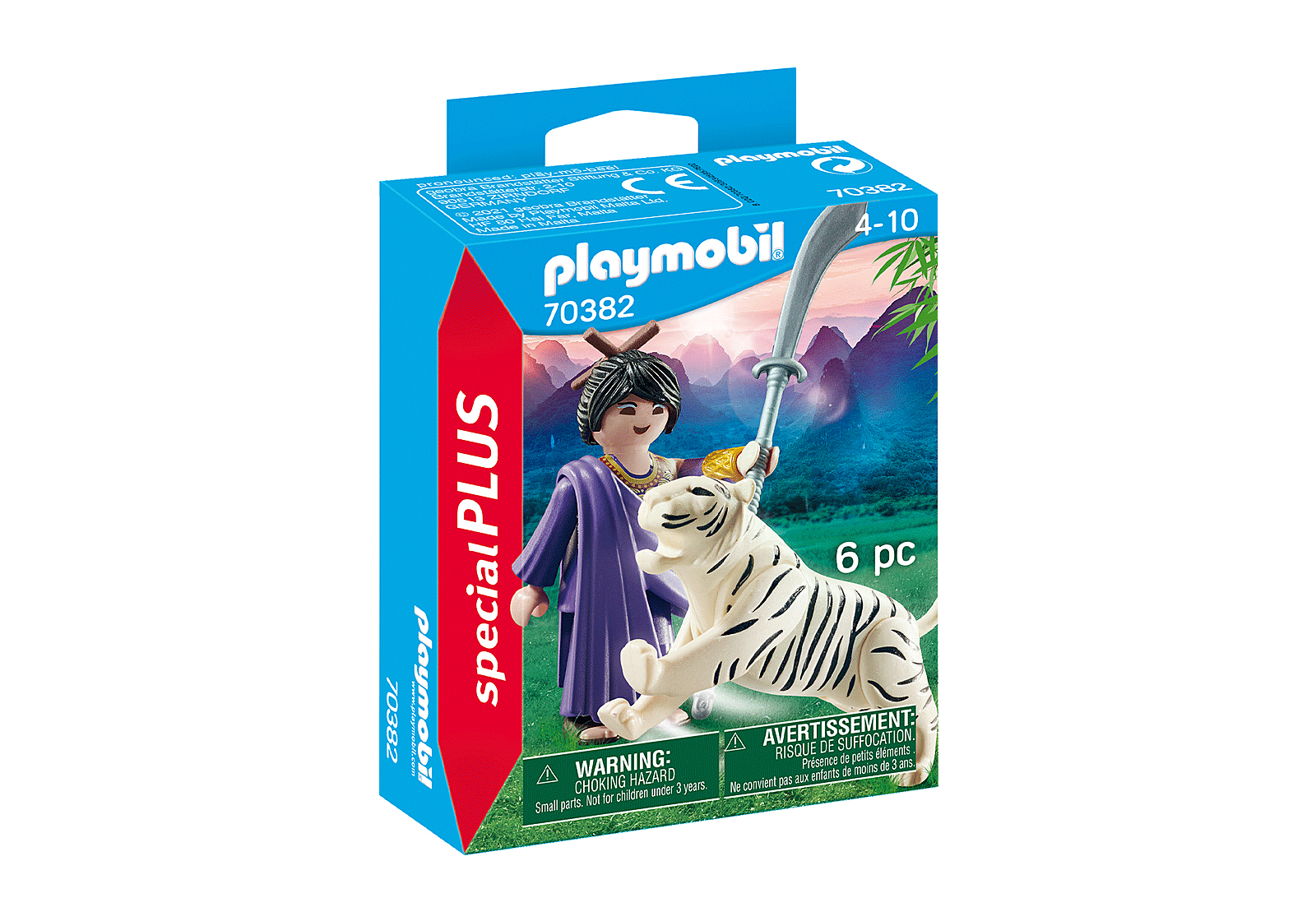 Playmobil box set: a figure in purple with a sword, and a white tiger. Background with mountains.