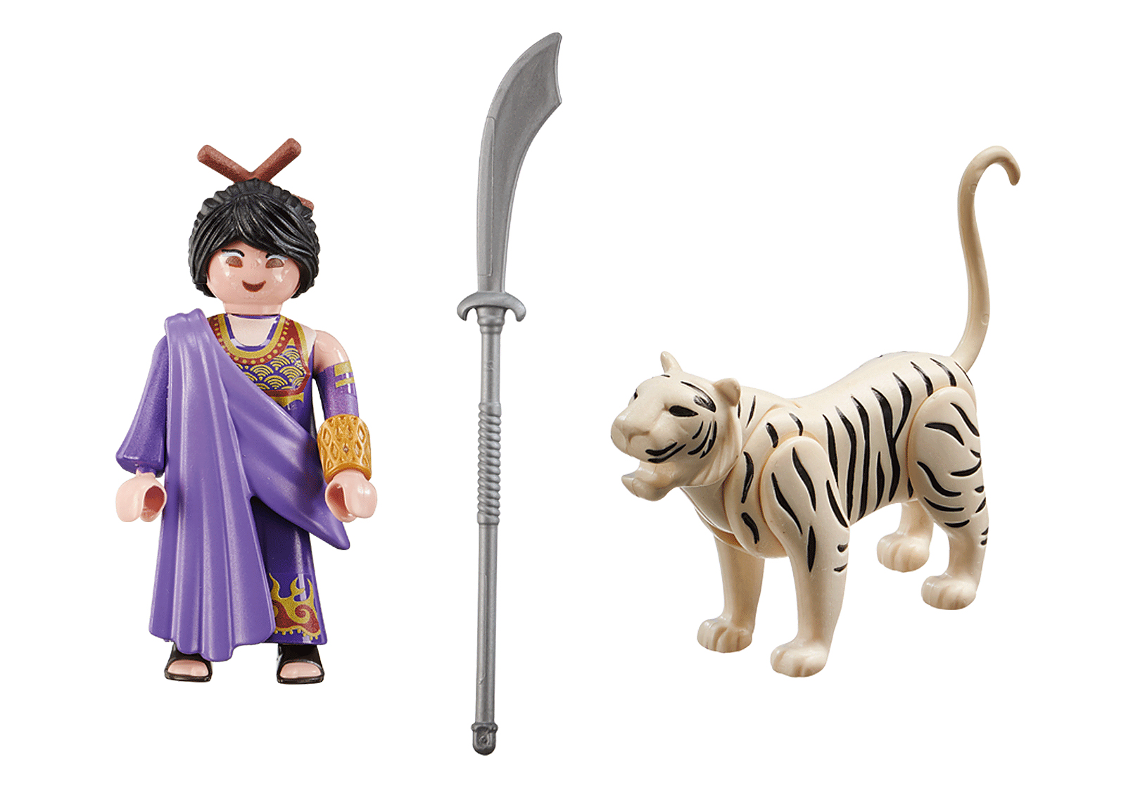 Playmobil figures: a person in purple, a silver sword, and a white tiger. White background.