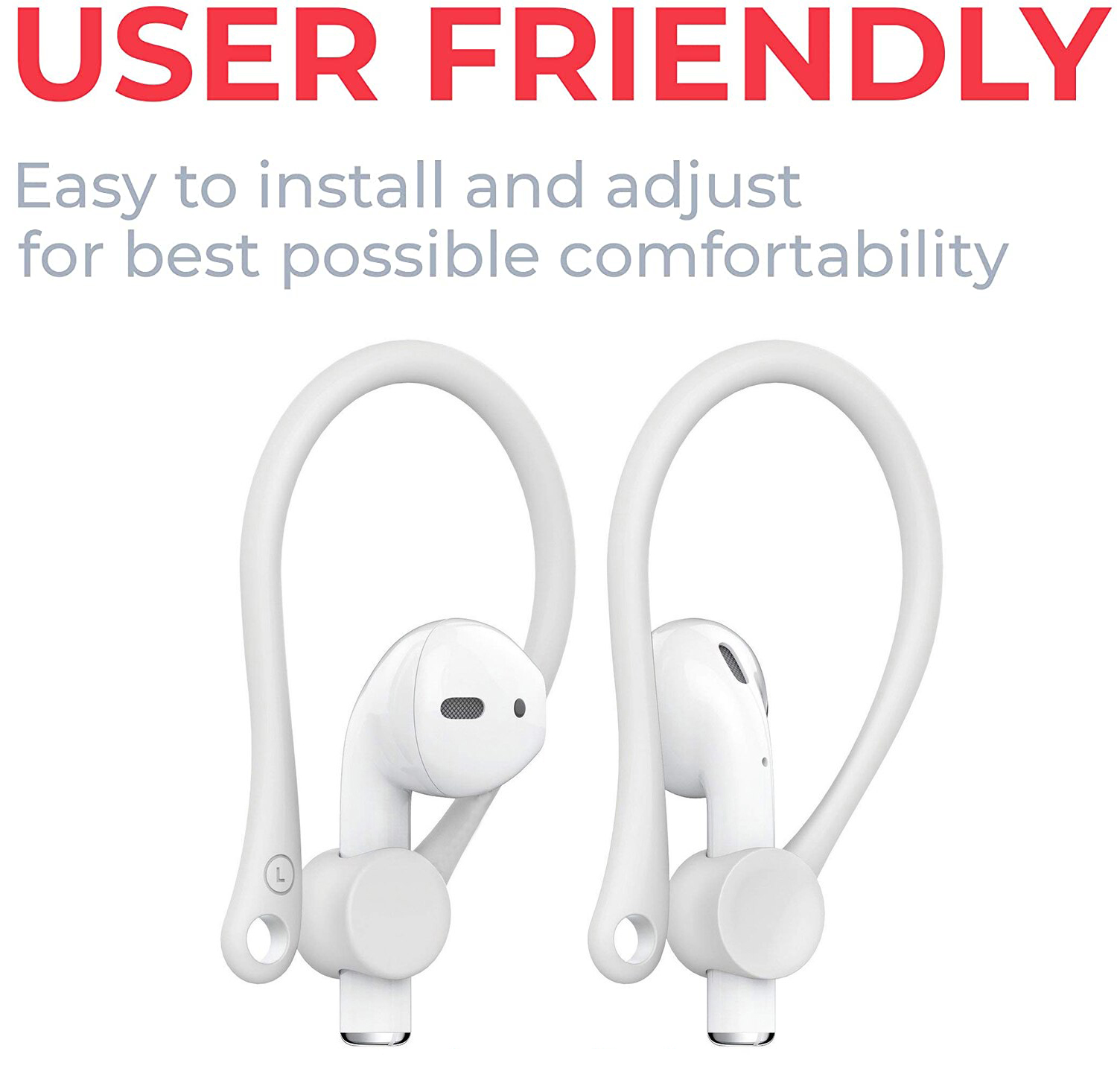 Zwei weiße Ohrhörer mit weißen Ohrhaken. Der Text 'USER FRIENDLY' steht oben.