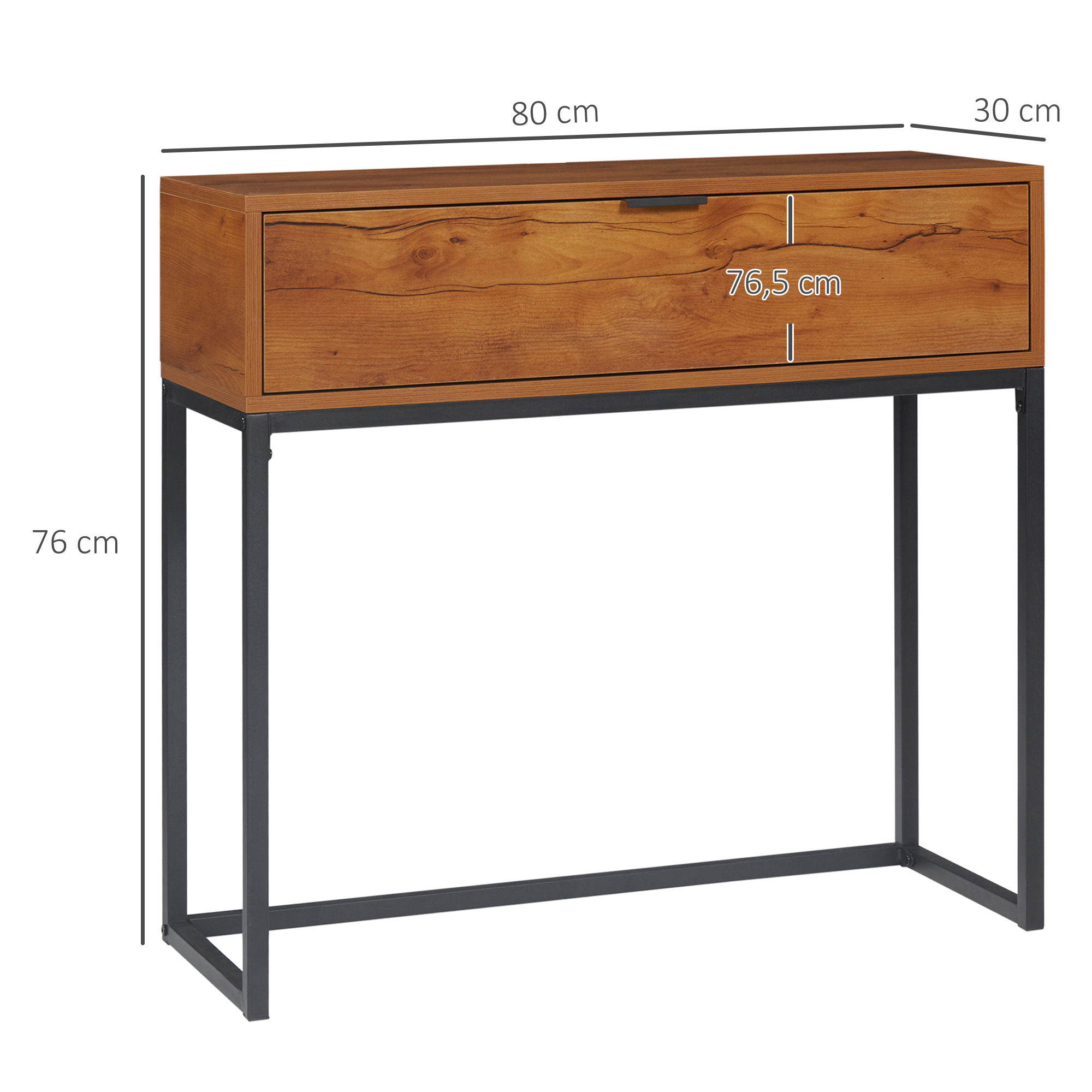 Holzschrank mit Schublade, Abmessungen und schwarzem Rahmen.