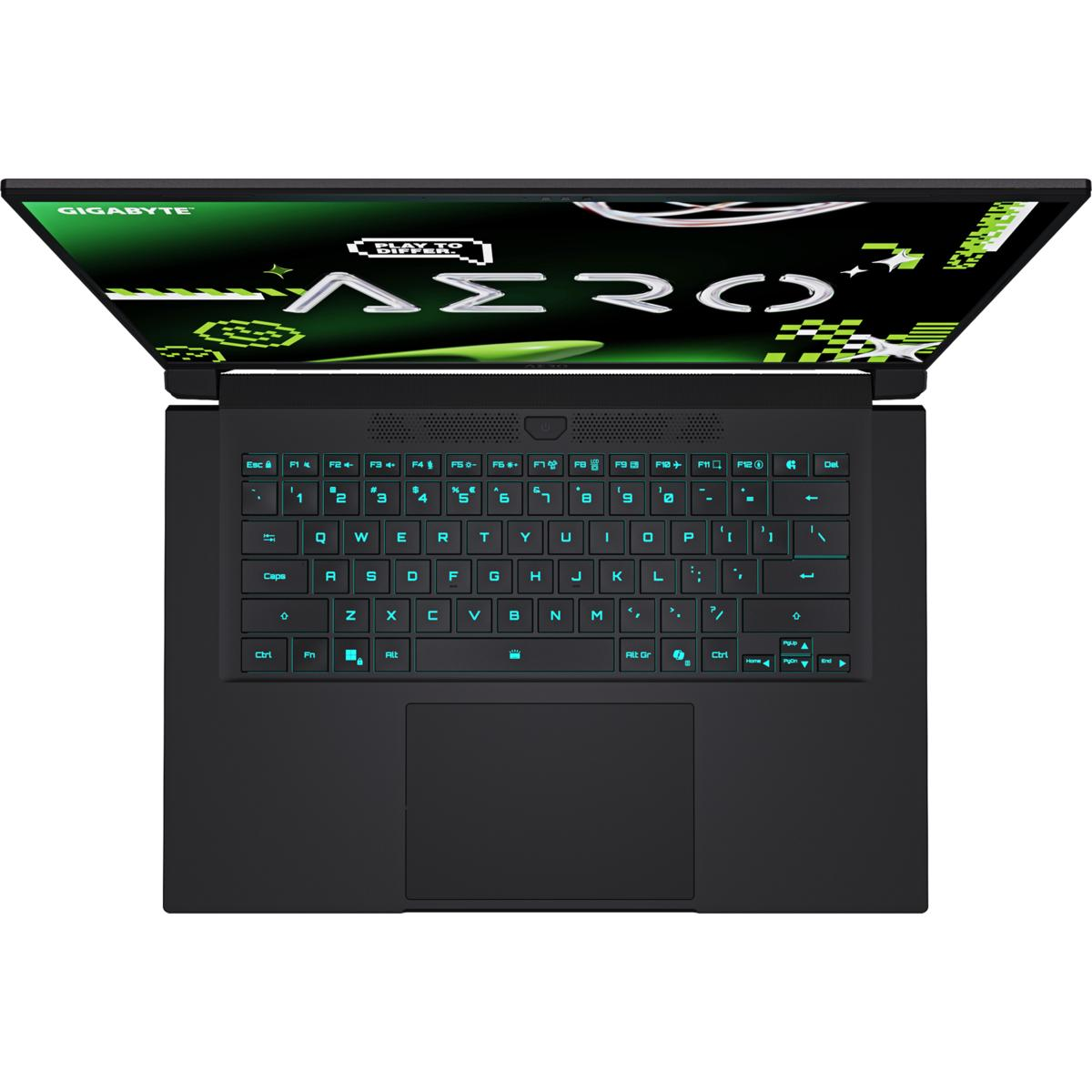 Laptop, offen, Draufsicht. Schwarzes Gehäuse, grüne Tastaturbeleuchtung, grüne Bildschirmgrafik. Schwarzer Hintergrund.