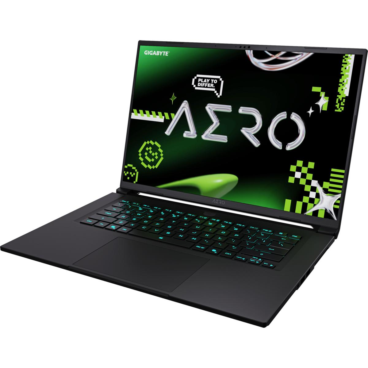 Laptop mit grüner Tastatur. Der Bildschirm zeigt grüne Grafiken. Schwarzes Gehäuse.