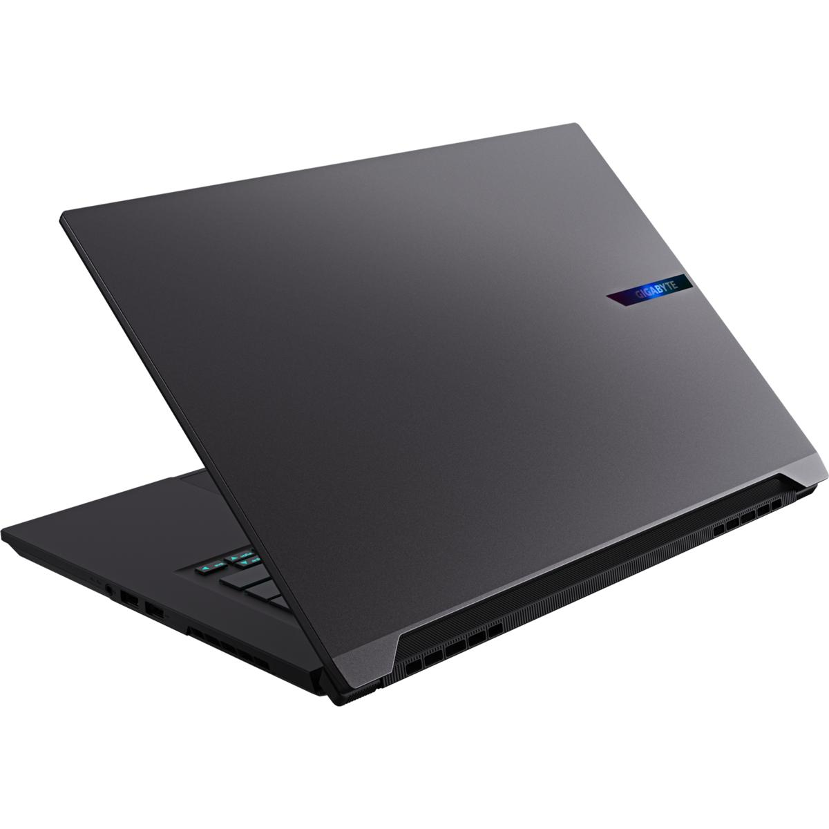 Schwarzer Laptop mit geöffnetem Bildschirm, Gigabyte-Logo sichtbar.