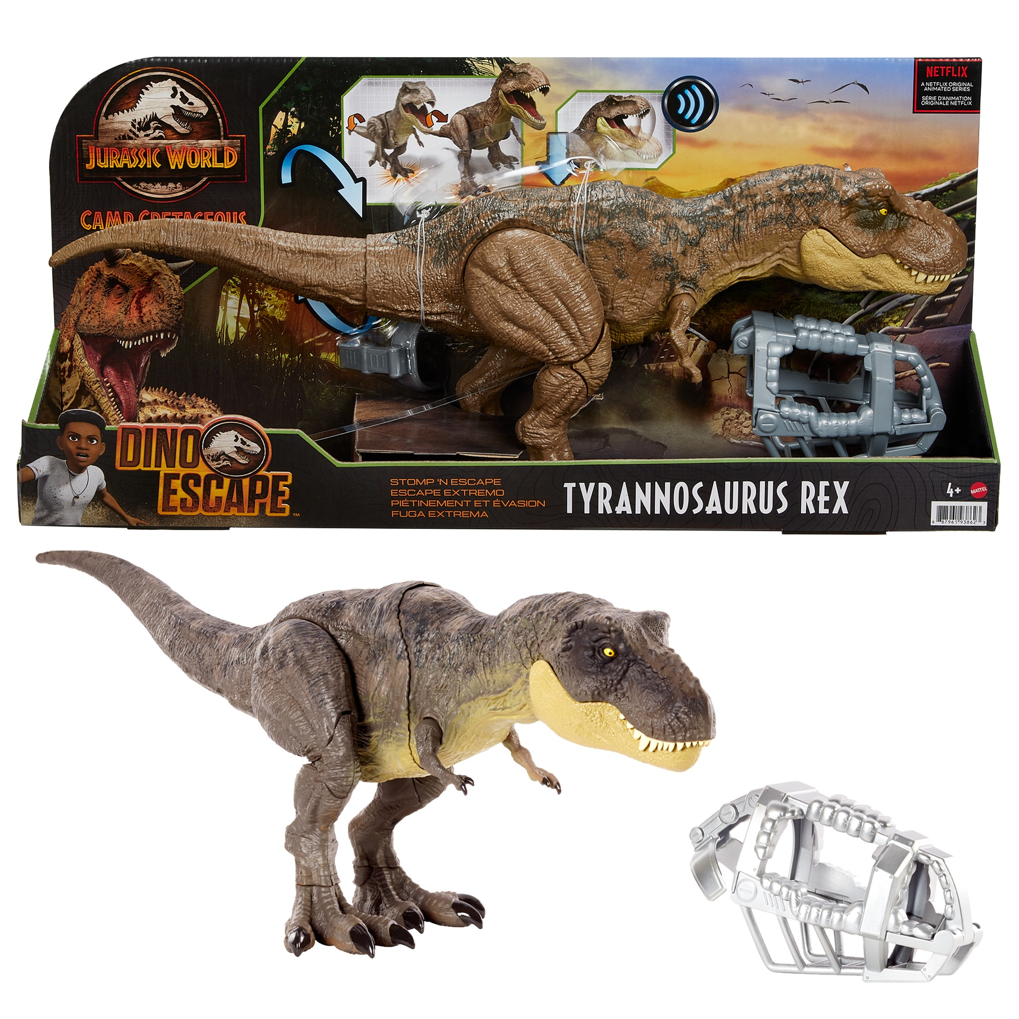 Juguete de Tyrannosaurus Rex y embalaje. También hay una jaula. Fondo blanco.