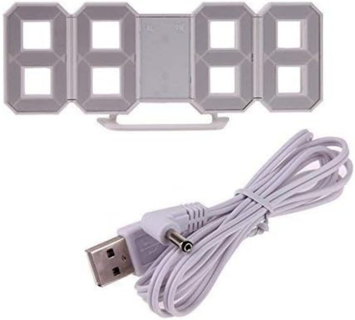 Eine weiße Digitaluhr mit einem USB-Kabel.